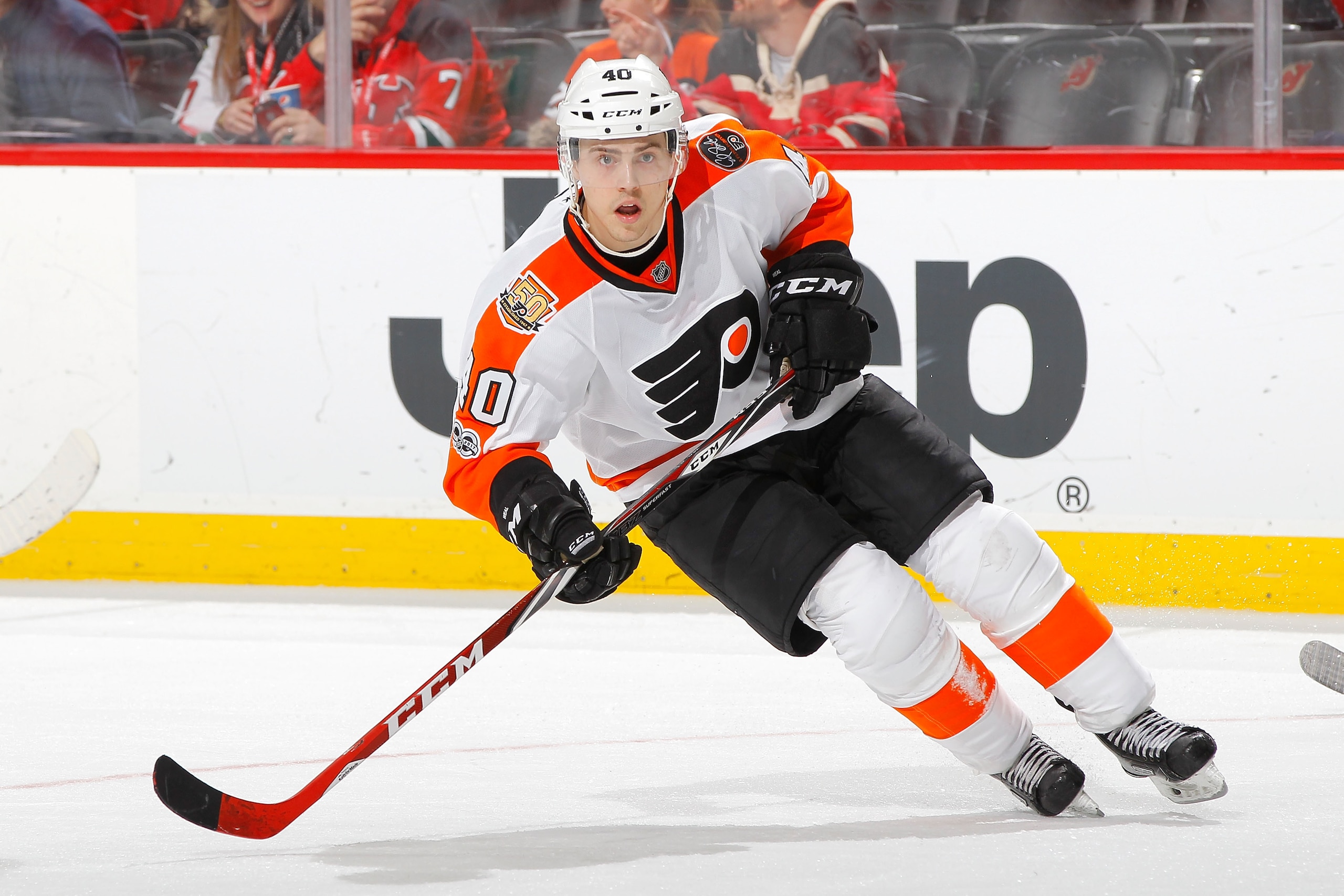NEWARK, NJ - MARCH 16:  Jordan Weal #40 of the Philadelphia Flyers in action against the New Jersey Devils on March 16, 2017 at Prudential Center in Newark, New Jersey. The Devils defeated the Flyers 6-2.  (Photo by Jim McIsaac/Getty Images)