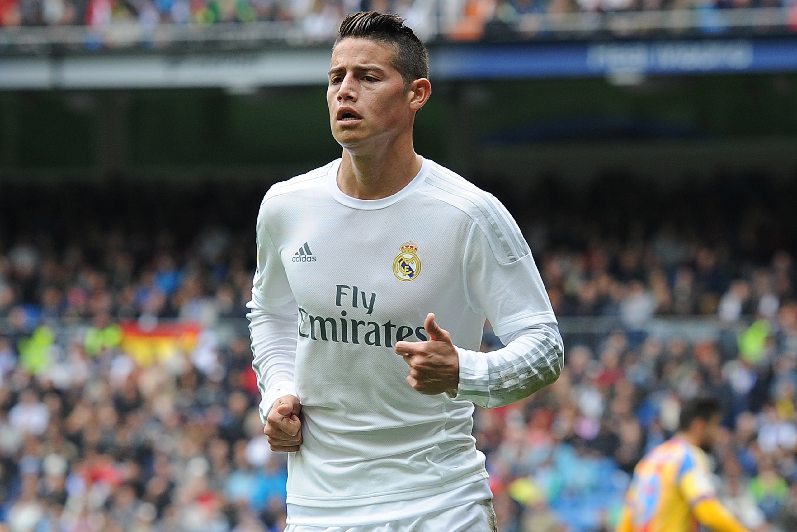 MADRID, SPAIN - MAY 08:  James Rodriguez of Real Madrid looks on during the La Liga match between Real Madrid CF and Valencia CF at Estadio Santiago Bernabeu on May 8, 2016 in Madrid, Spain.  (Photo by Denis Doyle/Getty Images)
