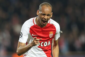 Monaco's Brazilian defender Fabinho celebrates after scoring a goal during the UEFA Champions League round of 16 football match between Monaco and Manchester City at the Stade Louis II in Monaco on March 15, 2017. / AFP PHOTO / Valery HACHE        (Photo 
