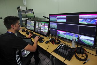 Video assistant members check monitors at a video operations room ahead of the FIFA U-20 World Cup round of 16 football match between Mexico and Senegal in Incheon on June 1, 2017. 
Video assistance is being used to support referees with match-changing de