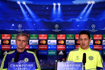 LONDON, ENGLAND - OCTOBER 20:  (L-R) Chelsea manager Jose Mourinho and Nemanja Matic of Chelsea speak to the media during the Chelsea FC Press Conference ahead of the UEFA Champions League Group G match against NK Maribor at the Chelsea training ground on