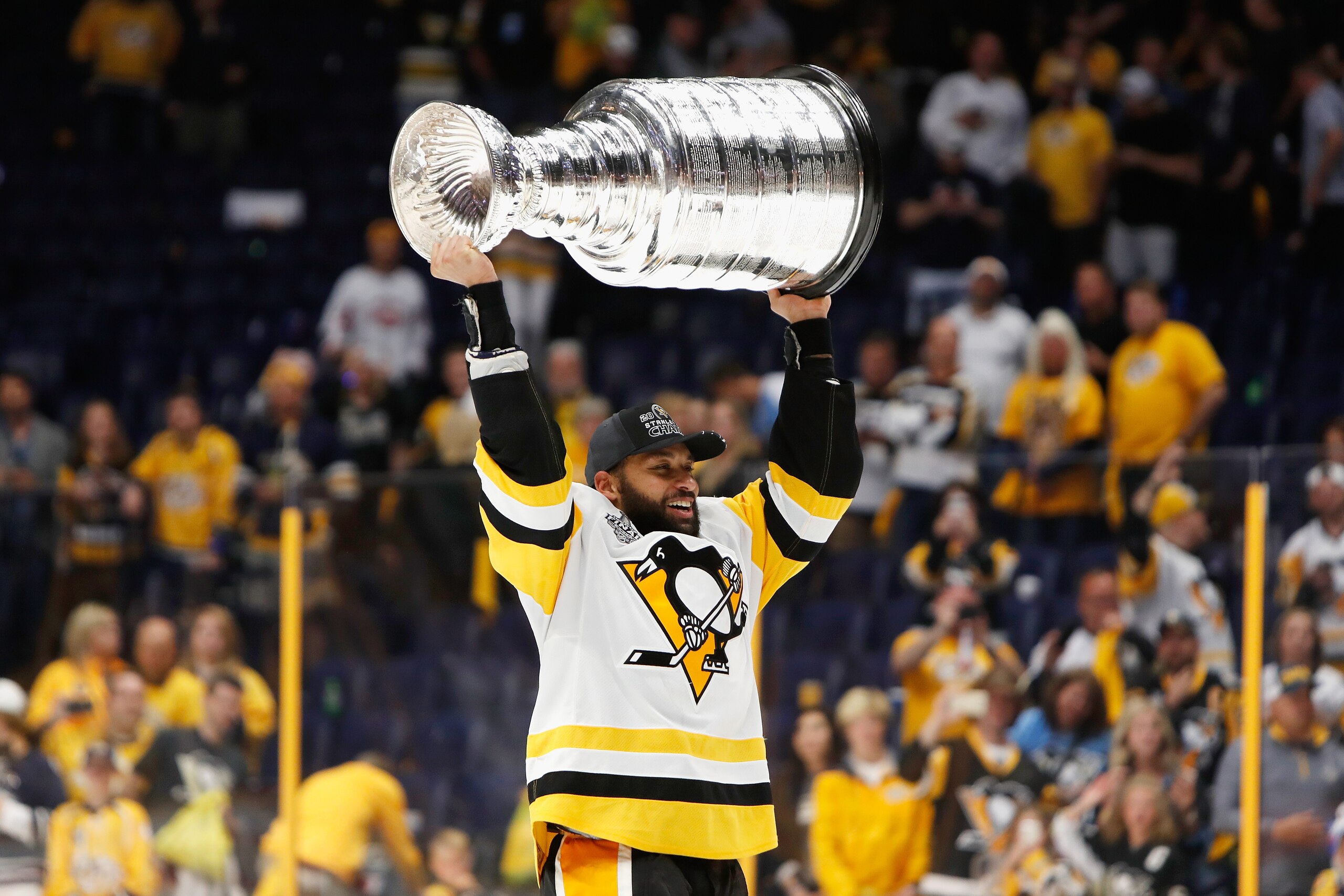 NASHVILLE, TN - JUNE 11:  Trevor Daley #6 of the Pittsburgh Penguins celebrates after defeating the Nashville Predators 2-0 in Game Six of the 2017 NHL Stanley Cup Final at the Bridgestone Arena on June 11, 2017 in Nashville, Tennessee.  (Photo by Justin 