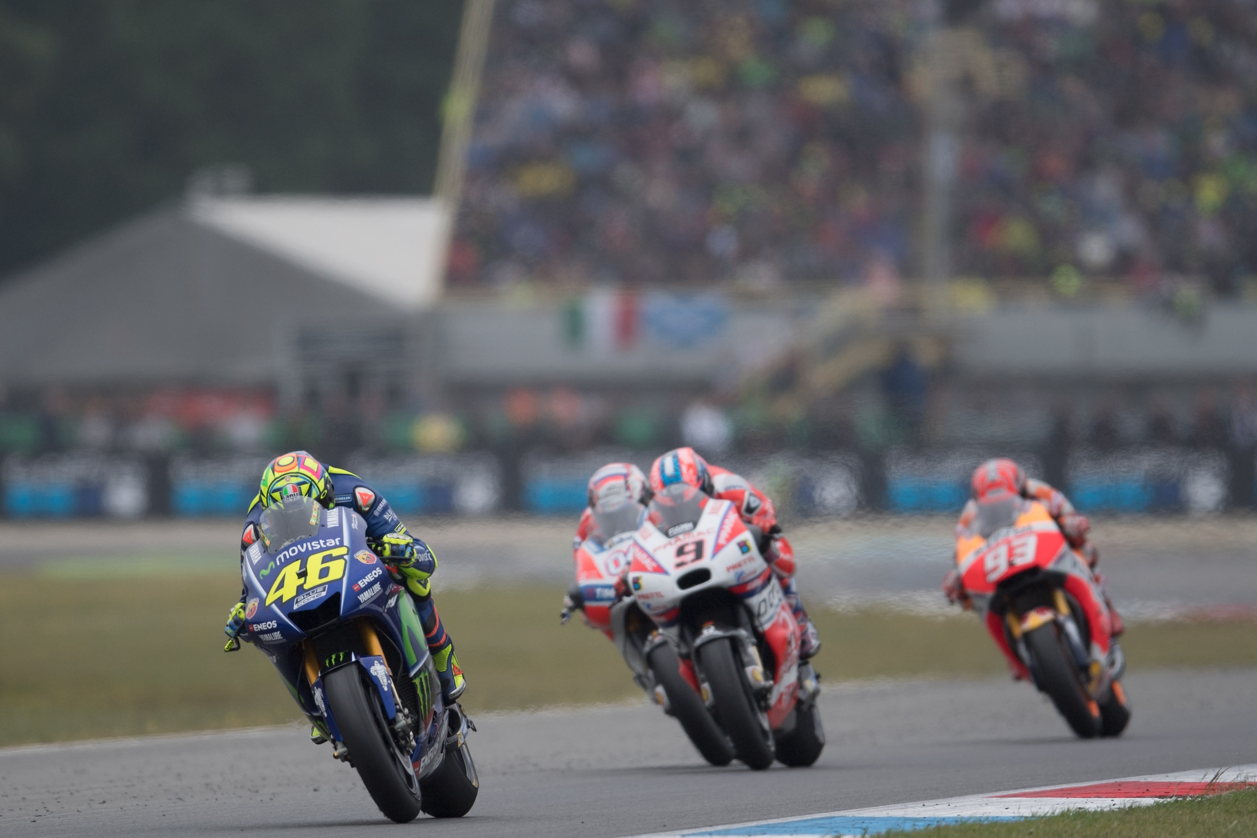 ASSEN, NETHERLANDS - JUNE 25:  Valentino Rossi of Italy and Movistar Yamaha MotoGP  leads the field during the MotoGP Race during the MotoGP Netherlands - Race on June 25, 2017 in Assen, Netherlands.  (Photo by Mirco Lazzari gp/Getty Images)