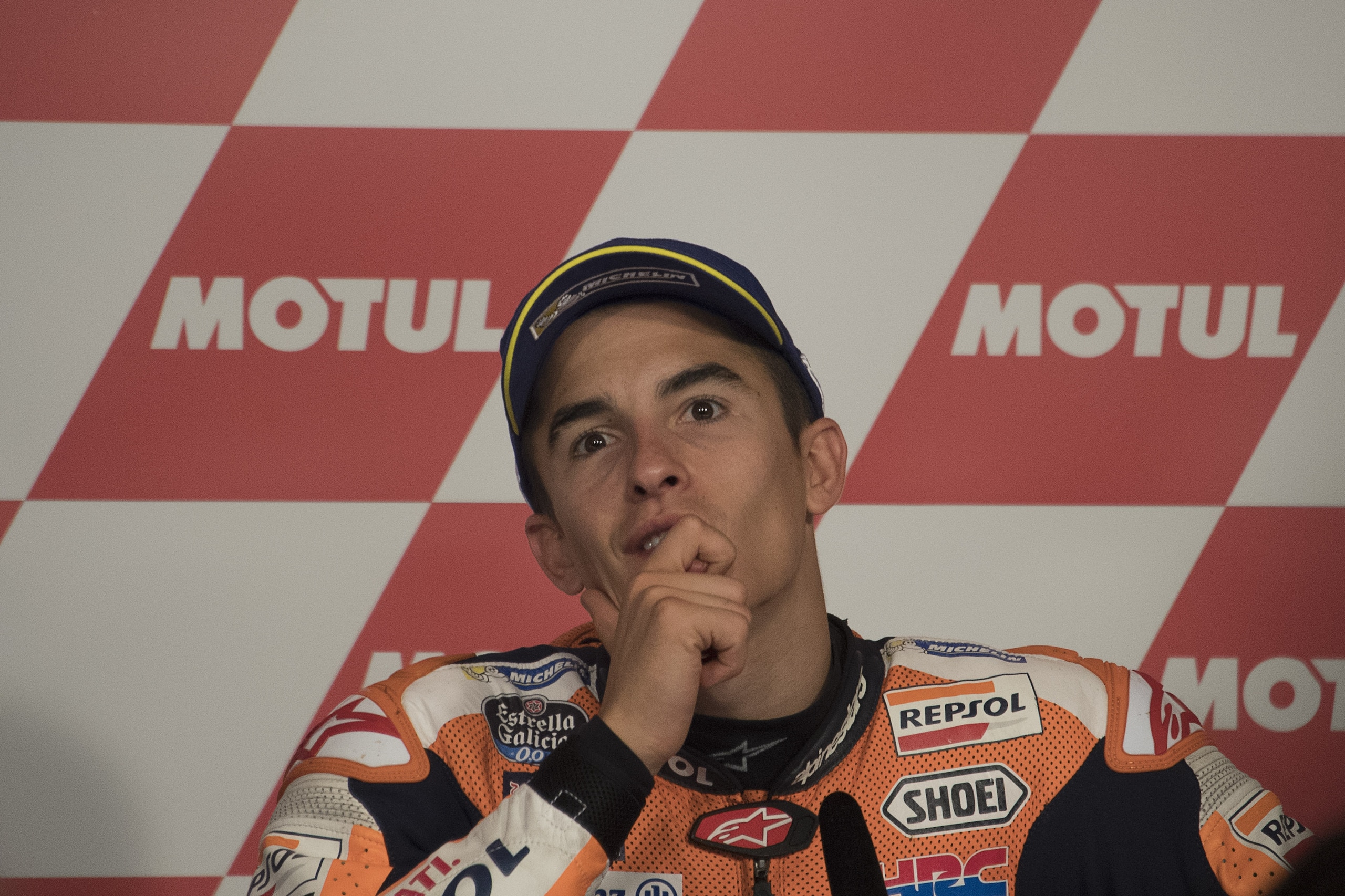 ASSEN, NETHERLANDS - JUNE 25:  Marc Marquez of Spain and Repsol Honda Team looks on during the press conference at the end of the MotoGP Race during the MotoGP Netherlands - Race on June 25, 2017 in Assen, Netherlands.  (Photo by Mirco Lazzari gp/Getty Im