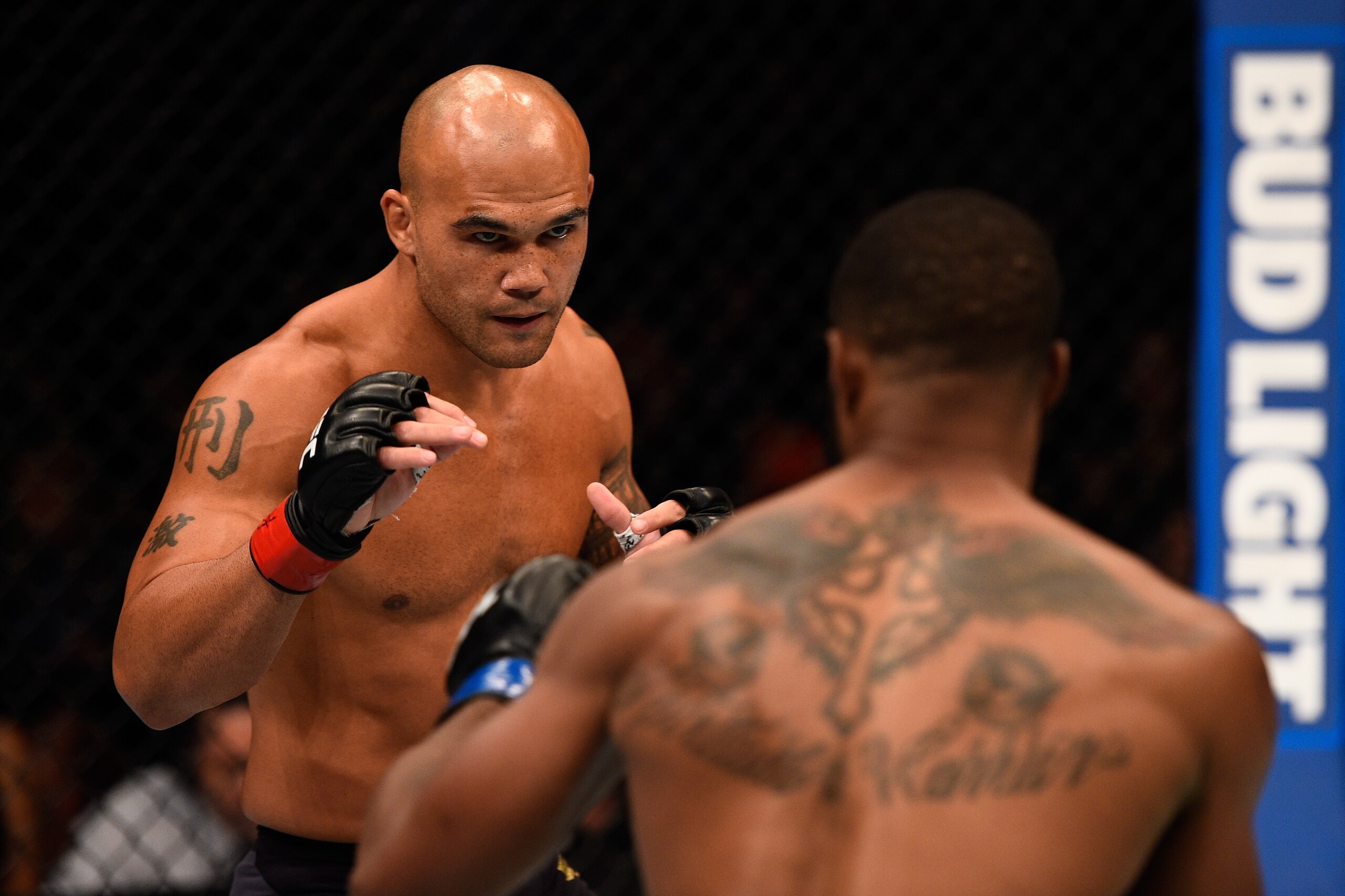 ATLANTA, GA - JULY 30:  (L-R) Robbie Lawler faces Tyron Woodley in their welterweight championship bout during the UFC 201 event on July 30, 2016 at Philips Arena in Atlanta, Georgia. (Photo by Jeff Bottari/Zuffa LLC/Zuffa LLC via Getty Images)