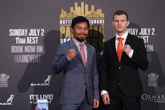 BRISBANE, AUSTRALIA - JUNE 28:  Manny Pacquiao and Jeff Horn face off after the official press conference for WBO World Welterweight Championship
 at Suncorp Stadium on June 28, 2017 in Brisbane, Australia.  (Photo by Chris Hyde/Getty Images)