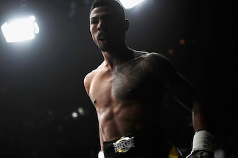 LAS VEGAS, NV - JUNE 27:  Boxer Shane Mosley Jr. celebrates his win by TKO in the middleweight bout against Jake Kelly during BKB 3, Big Knockout Boxing, at the Mandalay Bay Events Center on  on June 27, 2015 in Las Vegas, Nevada.  (Photo by Scott McDermo