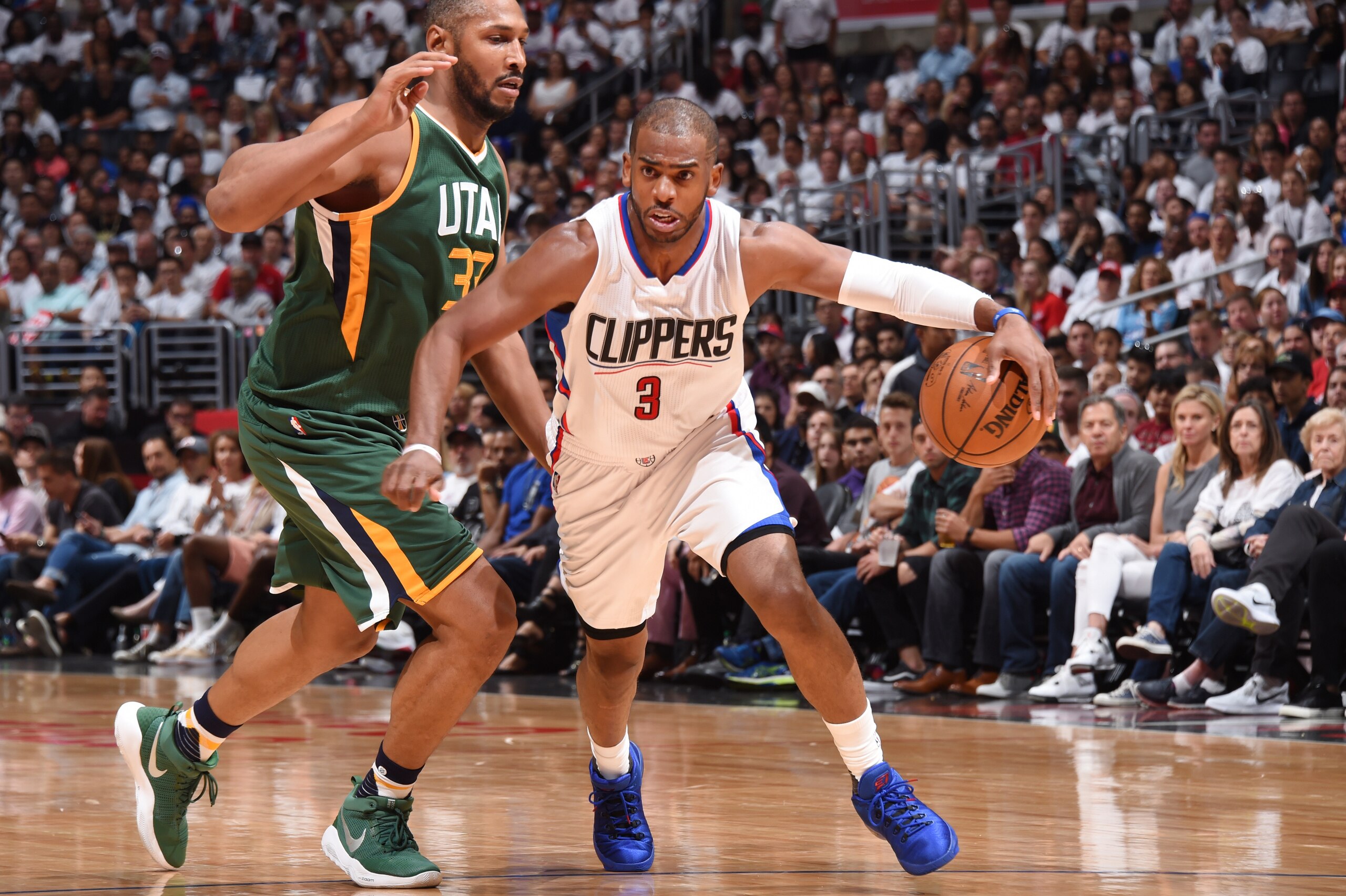 LOS ANGELES, CA - APRIL 30:  Chris Paul #3 of the LA Clippers handles the ball against the Utah Jazz during Game Seven of the Western Conference Quarterfinals of the 2017 NBA Playoffs on April 30, 2017 at STAPLES Center in Los Angeles, California. NOTE TO