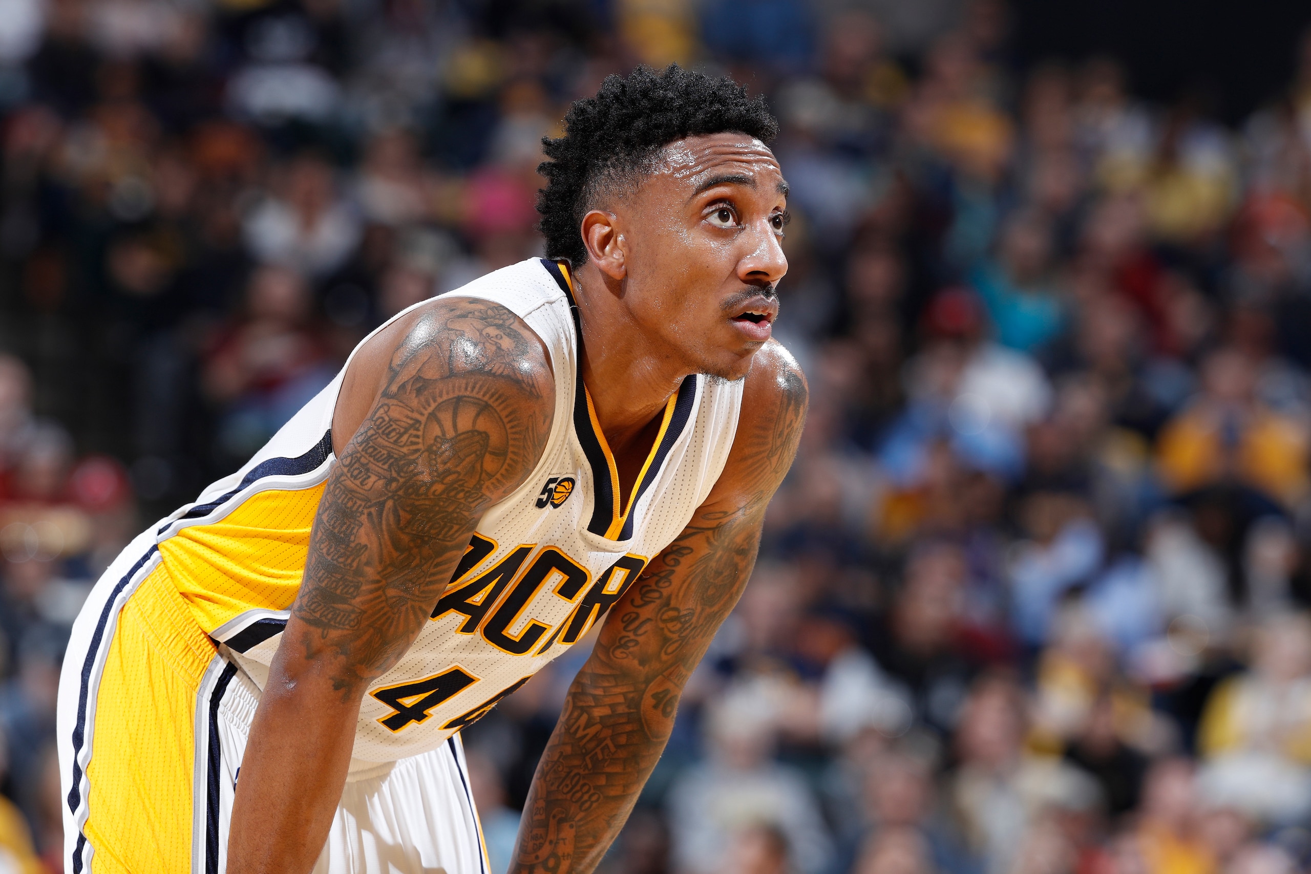 INDIANAPOLIS, IN - APRIL 23: Jeff Teague #44 of the Indiana Pacers looks on against the Cleveland Cavaliers in Game Four of the Eastern Conference Quarterfinals during the 2017 NBA Playoffs at Bankers Life Fieldhouse on April 23, 2017 in Indianapolis, Ind