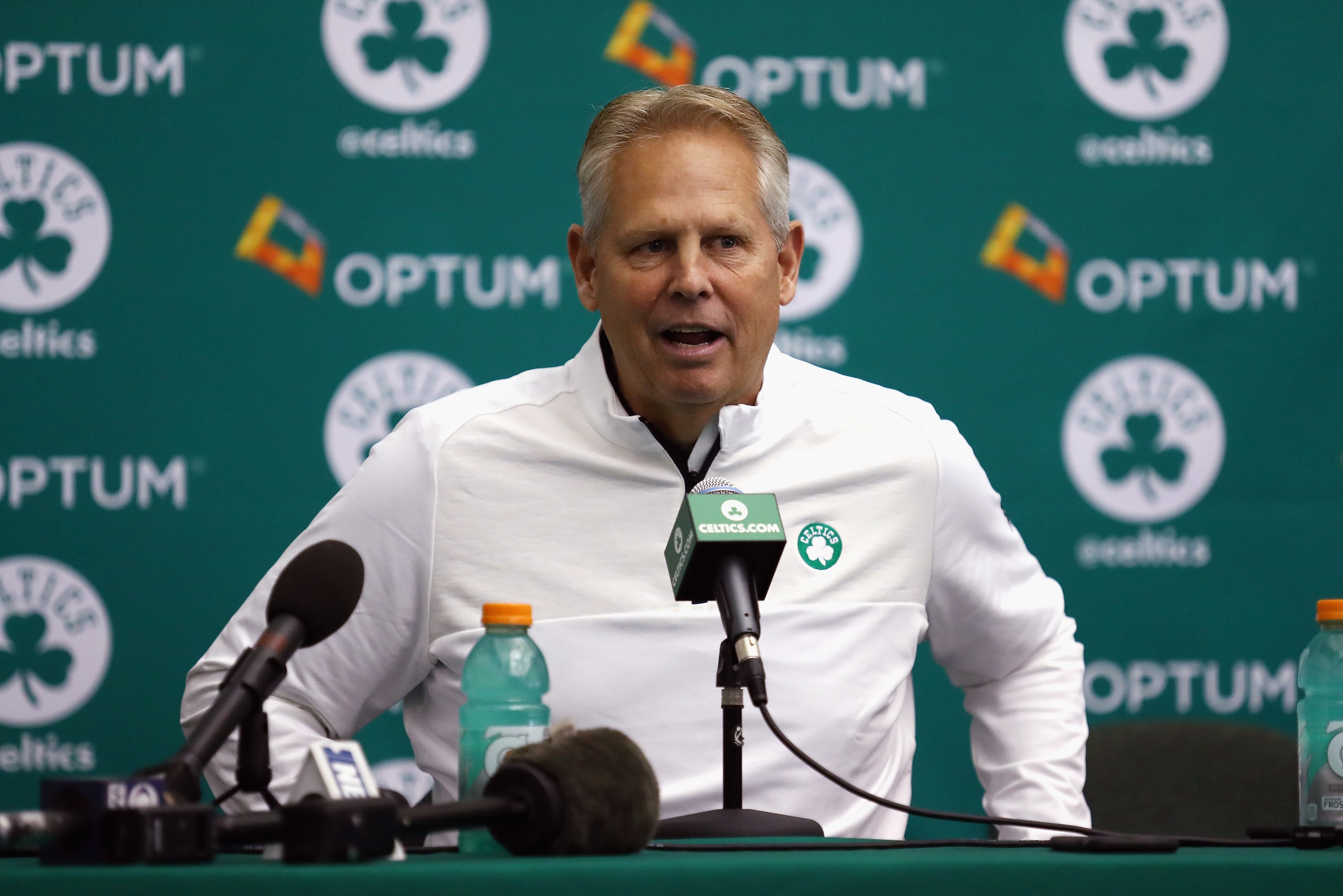 WALTHAM, MA - SEPTEMBER 26:  General manager Danny Ainge of the Boston Celtics speaks with the media during Boston Celtics Media Day on September 26, 2016 in Waltham, Massachusetts.  (Photo by Tim Bradbury/Getty Images)