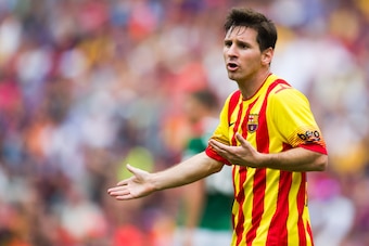 BARCELONA, SPAIN - SEPTEMBER 13: Lionel Messi of FC Barcelona gestures during the La Liga match between FC Barcelona and Athletic Club at Camp Nou on September 13, 2014 in Barcelona, Spain. (Photo by Alex Caparros/Getty Images)