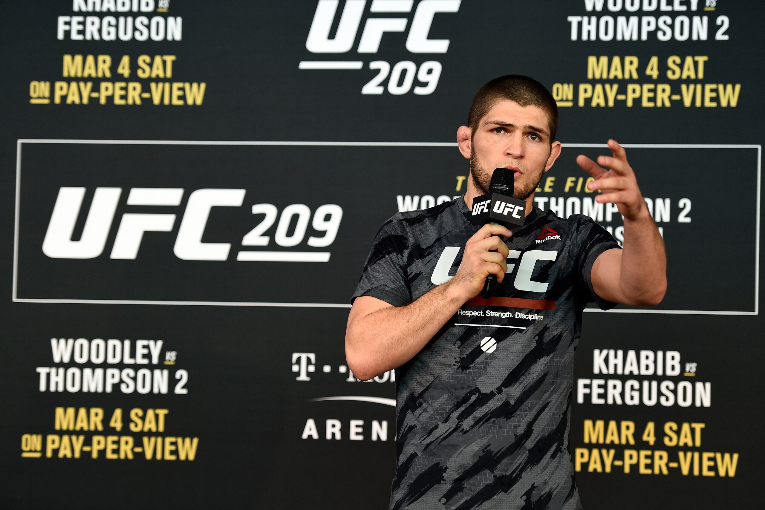 LAS VEGAS, NV - MARCH 01:  Khabib Nurmagomedov of Russia holds an open workout for fans and media inside T-Mobile Arena on March 1, 2017 in Las Vegas, Nevada. (Photo by Jeff Bottari/Zuffa LLC/Zuffa LLC via Getty Images)