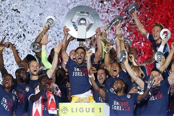 MONACO, MONACO - MAY 17: Radamel Falcao of Monaco holds the trophy during the French League 1 Championship title celebration following the French Ligue 1 match between AS Monaco and AS Saint-Etienne (ASSE) at Stade Louis II on May 17, 2017 in Monaco, Mona