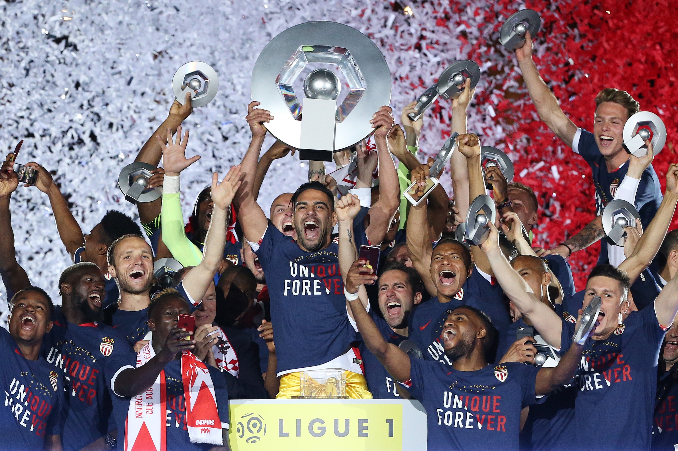 MONACO, MONACO - MAY 17: Radamel Falcao of Monaco holds the trophy during the French League 1 Championship title celebration following the French Ligue 1 match between AS Monaco and AS Saint-Etienne (ASSE) at Stade Louis II on May 17, 2017 in Monaco, Mona