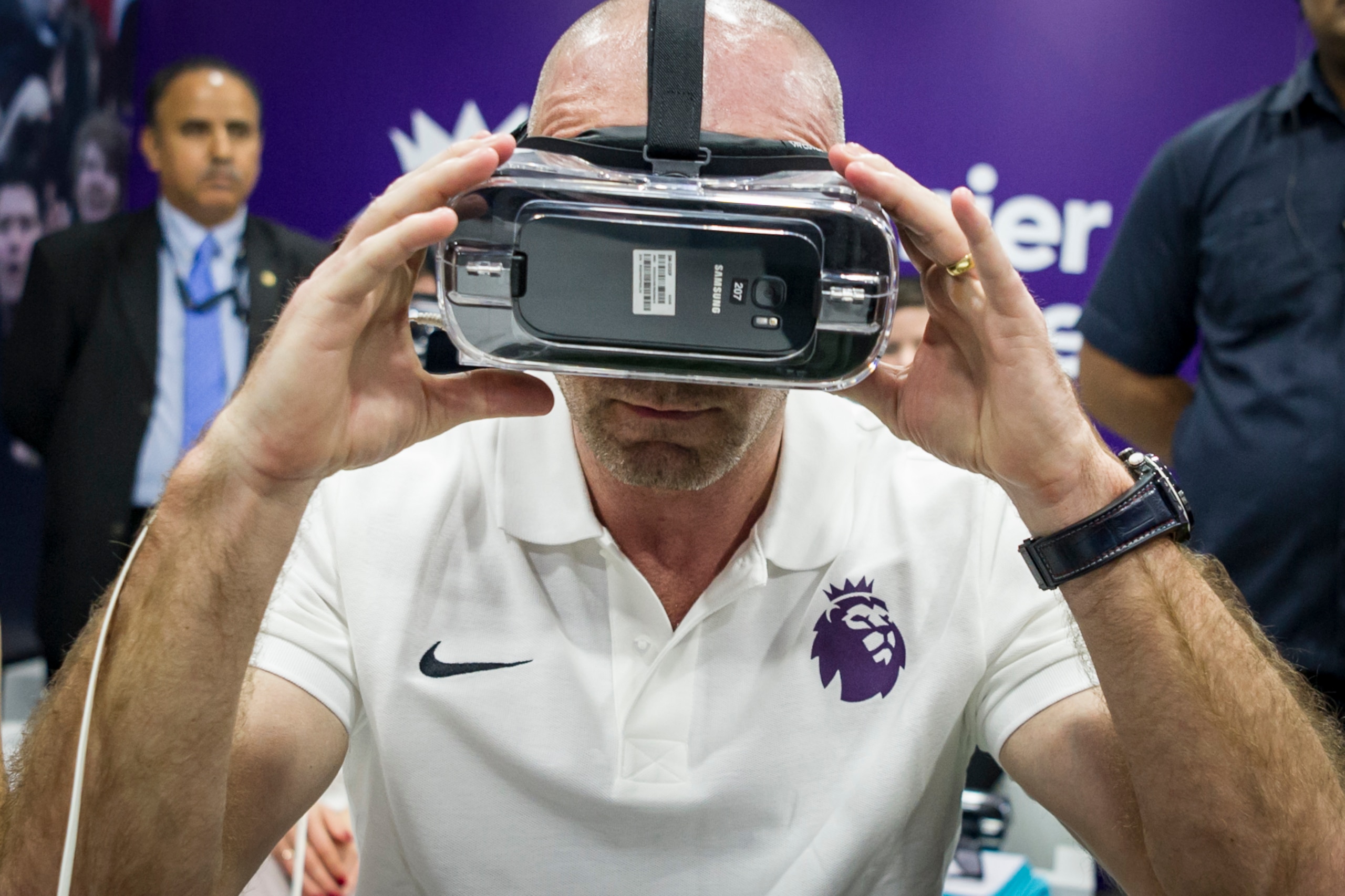 MUMBAI, INDIA - MARCH 04:  Premier League Live fan experience in Mumbai: Premier League legend and record goalscorer Alan Shearer tries on the 360 interactive Virtual Reality experience at the Premier League Live fan experience event on March 4, 2017 in M