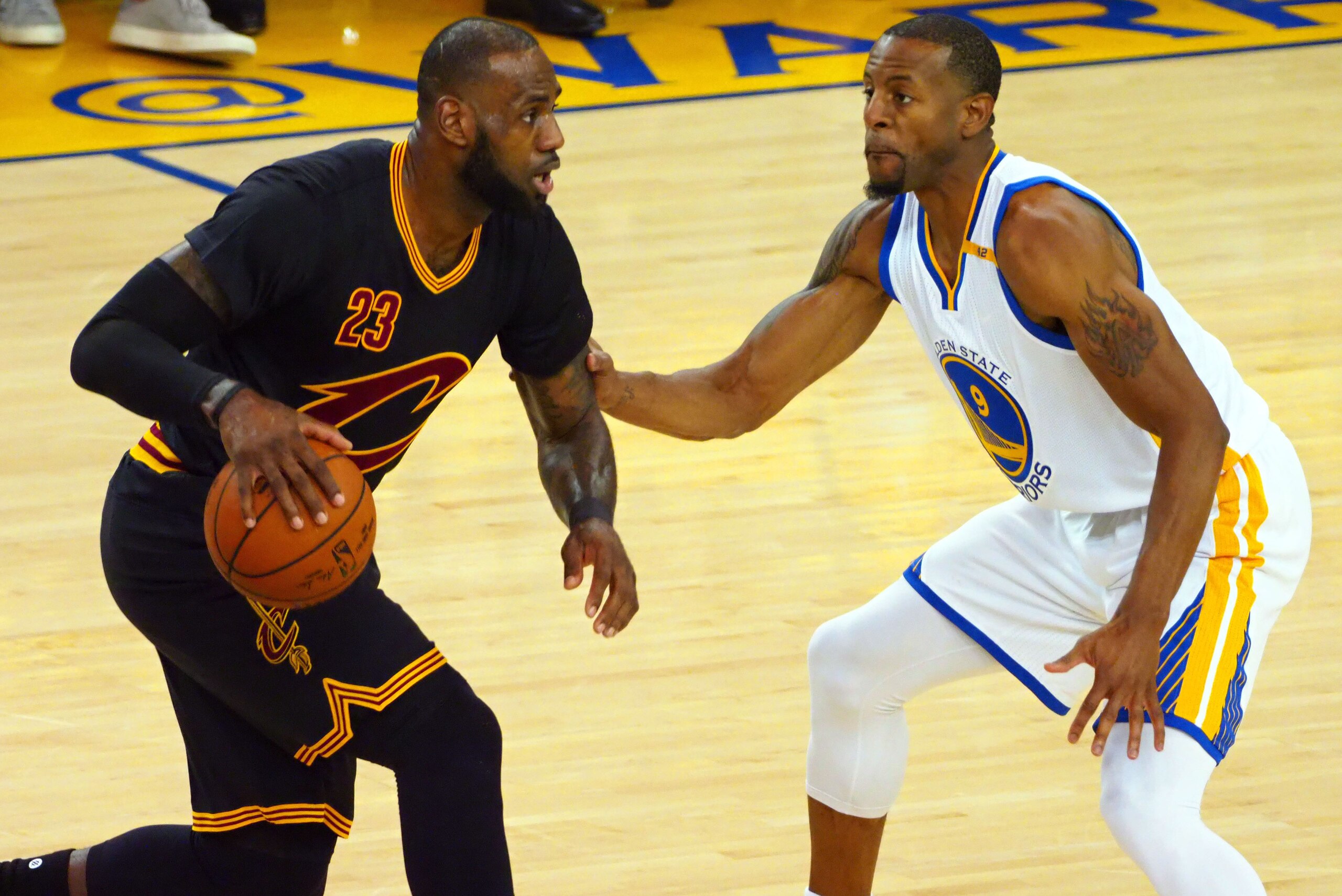 Jun 12, 2017; Oakland, CA, USA; Cleveland Cavaliers forward LeBron James (23) handles the ball against Golden State Warriors forward Andre Iguodala (9) during the first quarter in game five of the 2017 NBA Finals at Oracle Arena. Mandatory Credit: Kelley Jun 12, 2017; Oakland, CA, USA; Cleveland Cavaliers forward LeBron James (23) handles the ball against Golden State Warriors forward Andre Iguodala (9) during the first quarter in game five of the 2017 NBA Finals at Oracle Arena. Mandatory Credit: Kelley