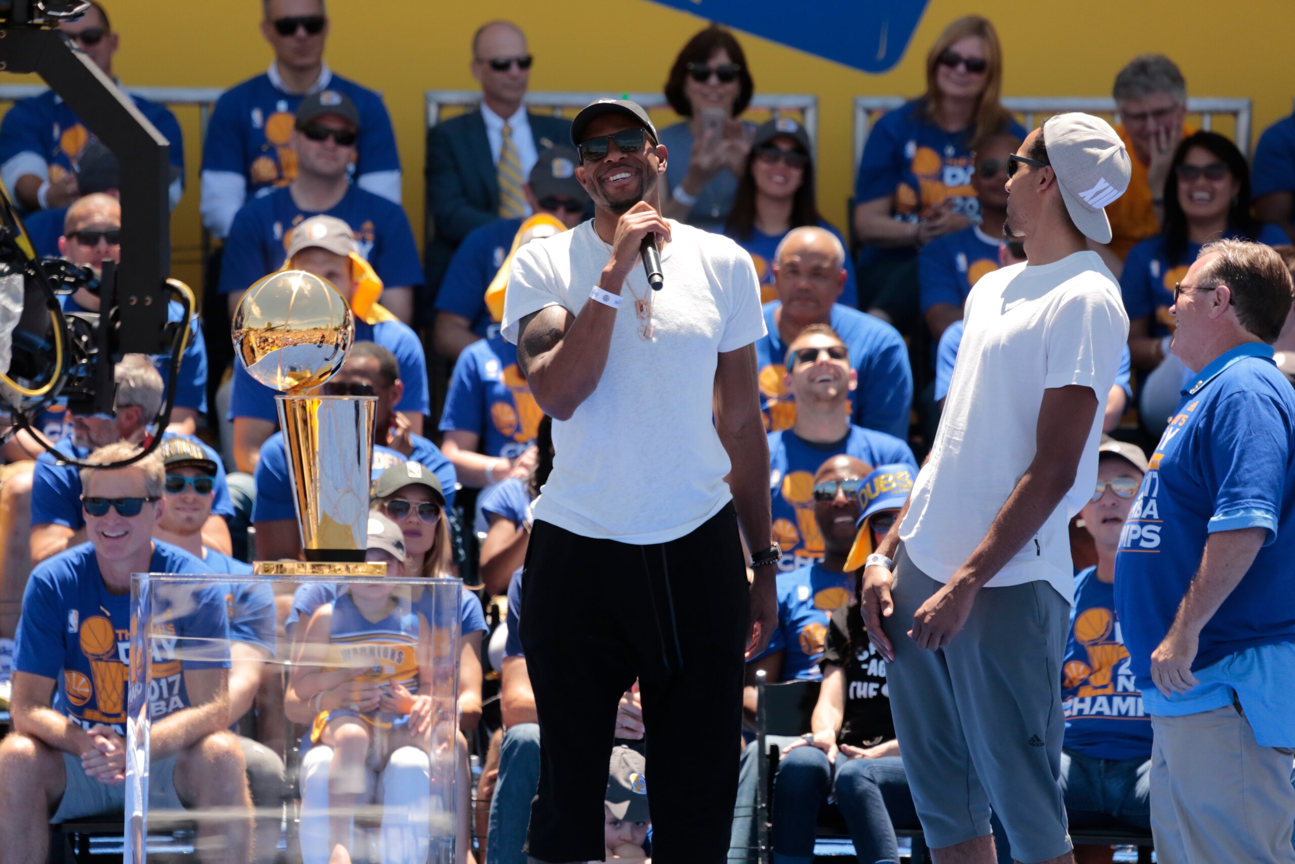 OAKLAND, CA - JUNE 15: Andre Iguodala #9 of the Golden State Warriors celebrates winning the 2017 NBA Championship during a parade on June 15, 2017 in Oakland, CA. NOTE TO USER: User expressly acknowledges and agrees that, by downloading and/or using th OAKLAND, CA - JUNE 15: Andre Iguodala #9 of the Golden State Warriors celebrates winning the 2017 NBA Championship during a parade on June 15, 2017 in Oakland, CA. NOTE TO USER: User expressly acknowledges and agrees that, by downloading and/or using th