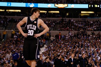 INDIANAPOLIS - APRIL 05:  Gordon Hayward #20 of the Butler Bulldogs looks on against the Duke Blue Devils during the 2010 NCAA Division I Men's Basketball National Championship game at Lucas Oil Stadium on April 5, 2010 in Indianapolis, Indiana.  (Photo b
