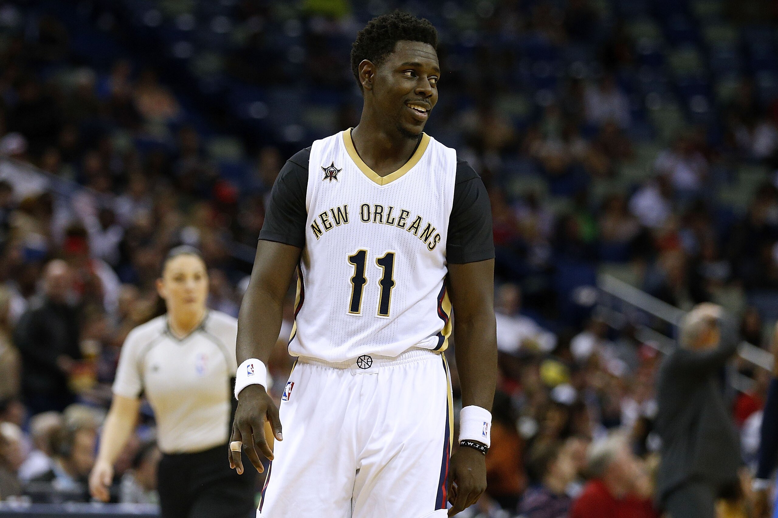 NEW ORLEANS, LA - MARCH 29:  Jrue Holiday #11 of the New Orleans Pelicans reacts during the first half of a game against the Dallas Mavericks at the Smoothie King Center on March 29, 2017 in New Orleans, Louisiana. NOTE TO USER: User expressly acknowledge