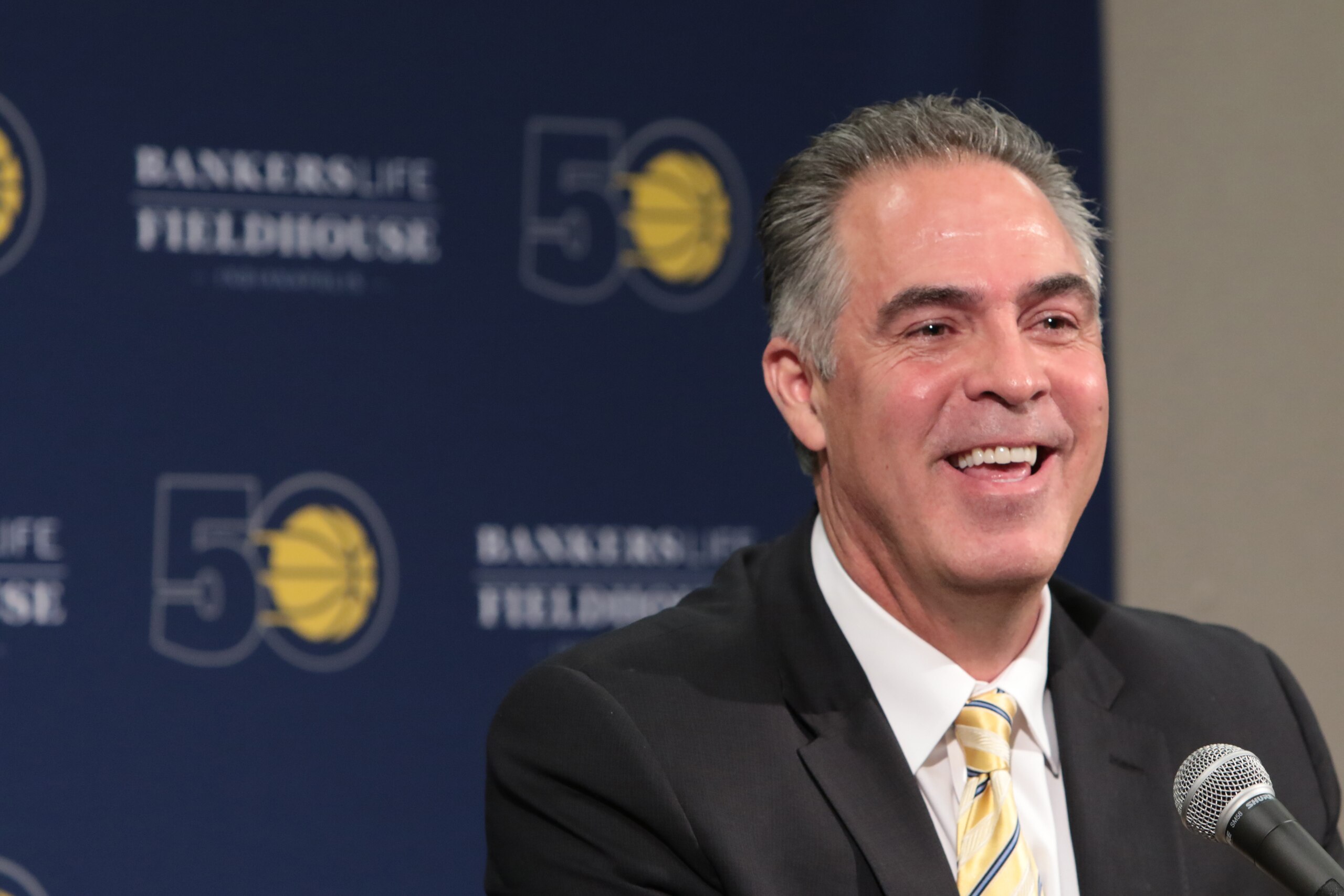 INDIANAPOLIS, IN - MAY 01:  Kevin Pritchard speaks during a press conference where the Indiana Pacers introduce him as the new President of Basketball Operations at Bankers Life Fieldhouse on May 1, 2017 in Indianapolis, Indiana. NOTE TO USER: User expres