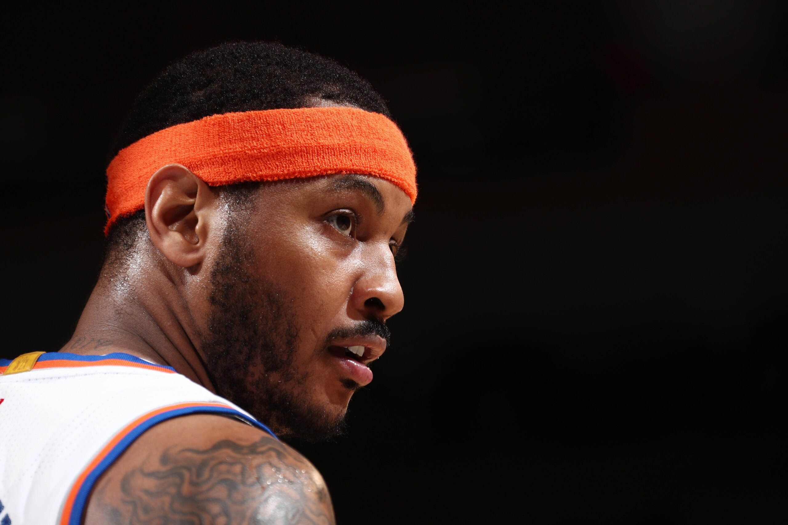 NEW YORK, NY - APRIL 6:  Carmelo Anthony #7 of the New York Knicks looks on during a game against the Washington Wizards on April 6, 2017 at Madison Square Garden in New York City, New York. NOTE TO USER: User expressly acknowledges and agrees that, by do