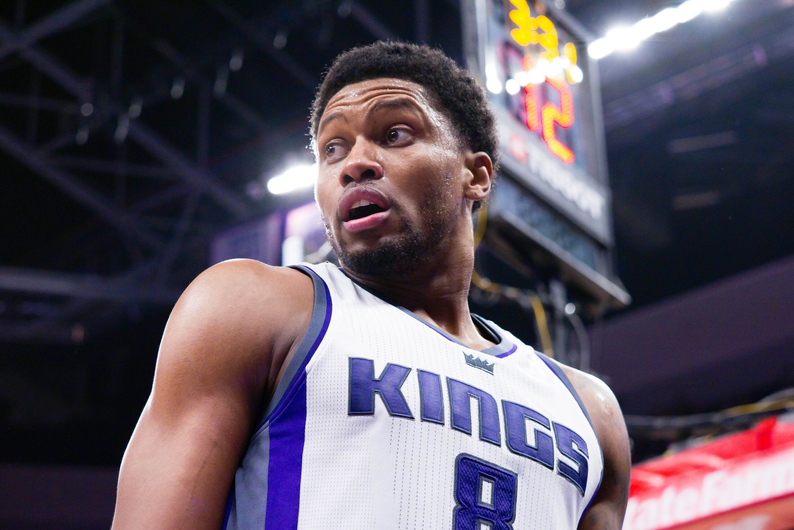 Jan 10, 2017; Sacramento, CA, USA; Sacramento Kings forward Rudy Gay (8) after a play against the Detroit Pistons during the fourth quarter at Golden 1 Center. The Sacramento Kings defeated the Detroit Pistons 100-94. Mandatory Credit: Kelley L Cox-USA TO