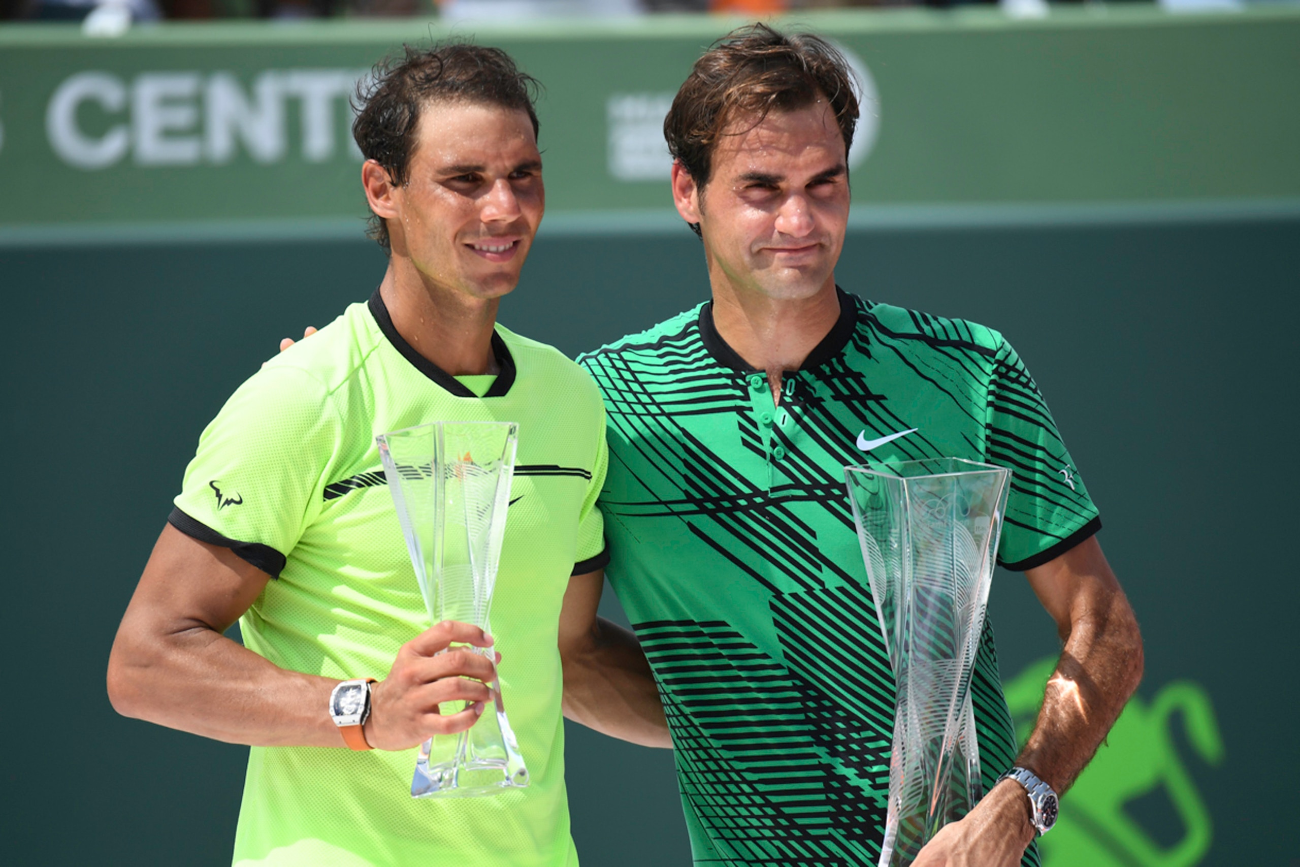 KEY BISCAYNE, FL - APRIL 02:  Winner Roger Federer of Switzerland and runner-up Rafael Nadal of Spain hold their trophies after the Men's Final at Crandon Park Tennis Center on April 2, 2017 in Key Biscayne, Florida  (Photo by Ron Elkman/Sports Imagery/Ge