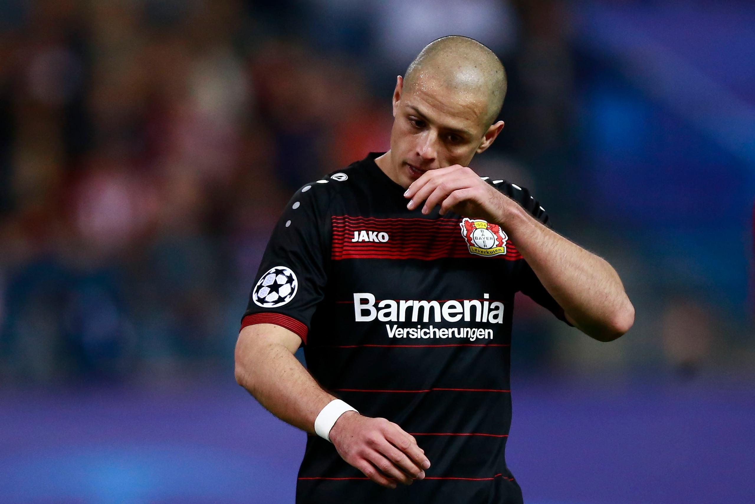 MADRID, SPAIN - MARCH 15:  Javier Hernandez alias Chicharito of Bayer Leverkusen reacts during the UEFA Champions League Round of 16 second leg match between Club Atletico de Madrid and Bayer Leverkusen at Vicente Calderon Stadium on March 15, 2017 in Mad