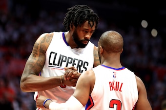 LOS ANGELES, CA - APRIL 30:  DeAndre Jordan #6 talks with Chris Paul #3 of the Los Angeles Clippers during the second half of Game Seven of the Western Conference Quarterfinals against the Utah Jazz at Staples Center at Staples Center on April 30, 2017 in