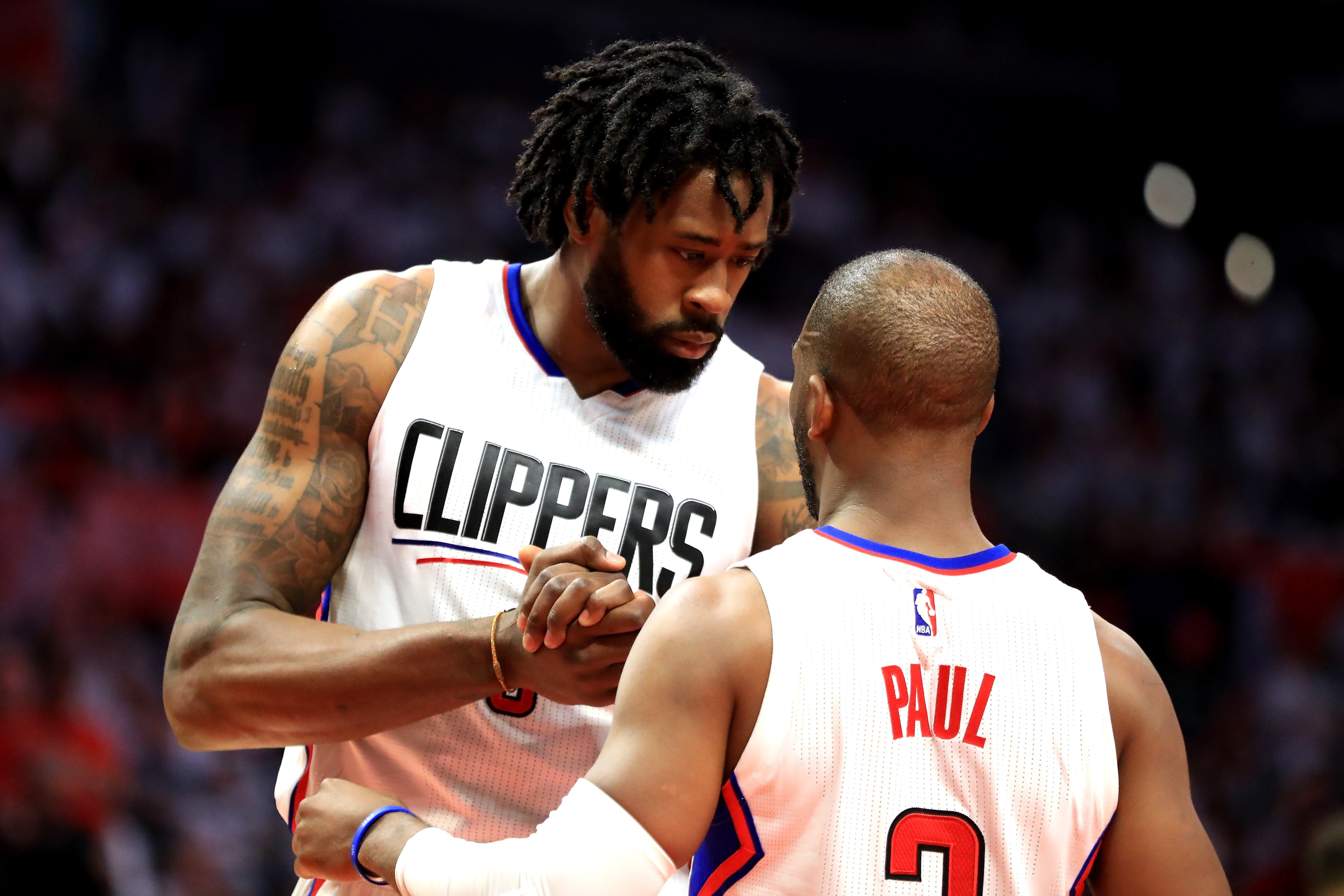 LOS ANGELES, CA - APRIL 30: DeAndre Jordan #6 talks with Chris Paul #3 of the Los Angeles Clippers during the second half of Game Seven of the Western Conference Quarterfinals against the Utah Jazz at Staples Center at Staples Center on April 30, 2017 in LOS ANGELES, CA - APRIL 30: DeAndre Jordan #6 talks with Chris Paul #3 of the Los Angeles Clippers during the second half of Game Seven of the Western Conference Quarterfinals against the Utah Jazz at Staples Center at Staples Center on April 30, 2017 in