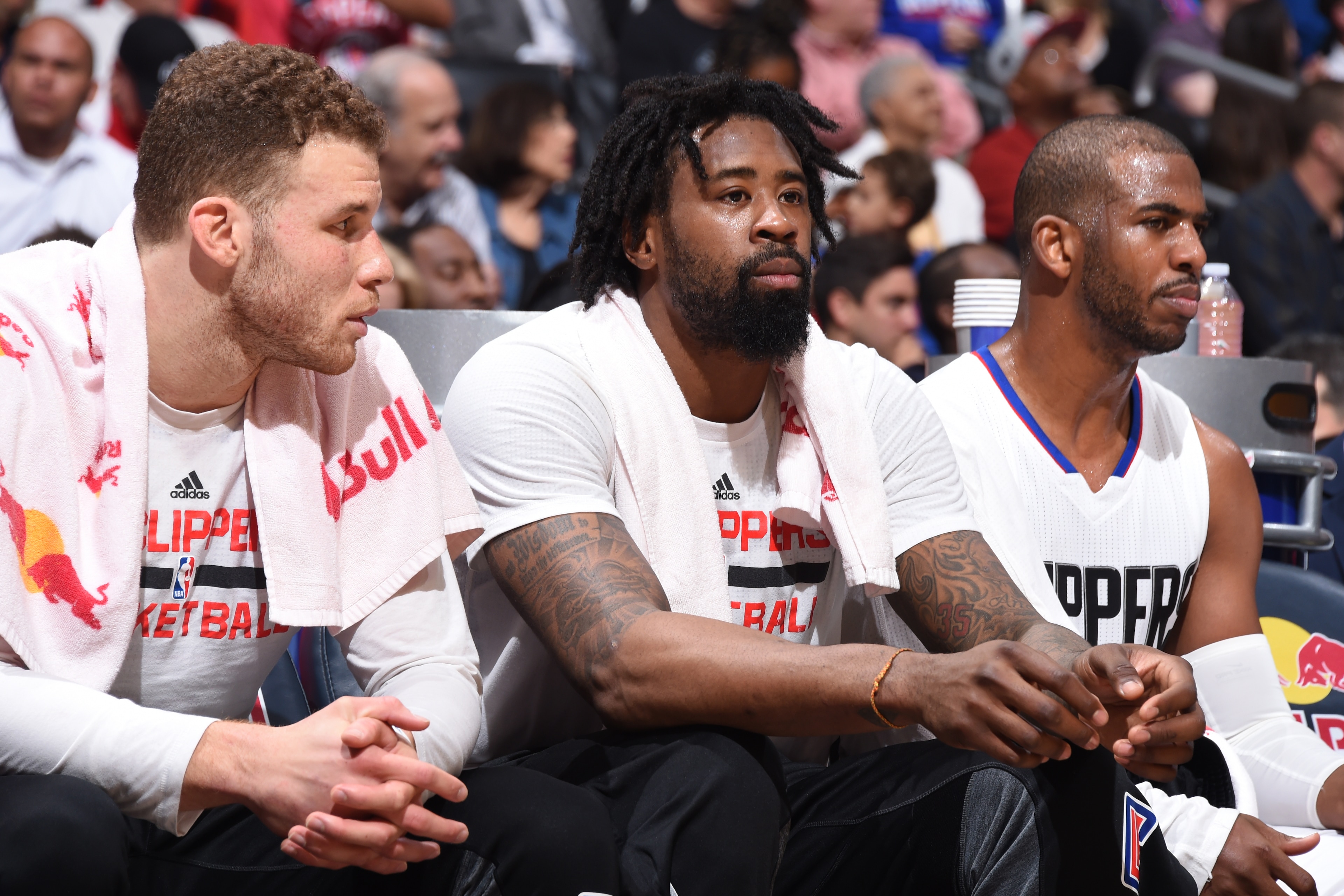 LOS ANGELES, CA - MARCH 29: DeAndre Jordan #6, Blake Griffin #32 and Chris Paul #3 of the Los Angeles Clippers look on during the game against the Washington Wizards on March 29, 2017 at STAPLES Center in Los Angeles, California. NOTE TO USER: User expres LOS ANGELES, CA - MARCH 29: DeAndre Jordan #6, Blake Griffin #32 and Chris Paul #3 of the Los Angeles Clippers look on during the game against the Washington Wizards on March 29, 2017 at STAPLES Center in Los Angeles, California. NOTE TO USER: User expres