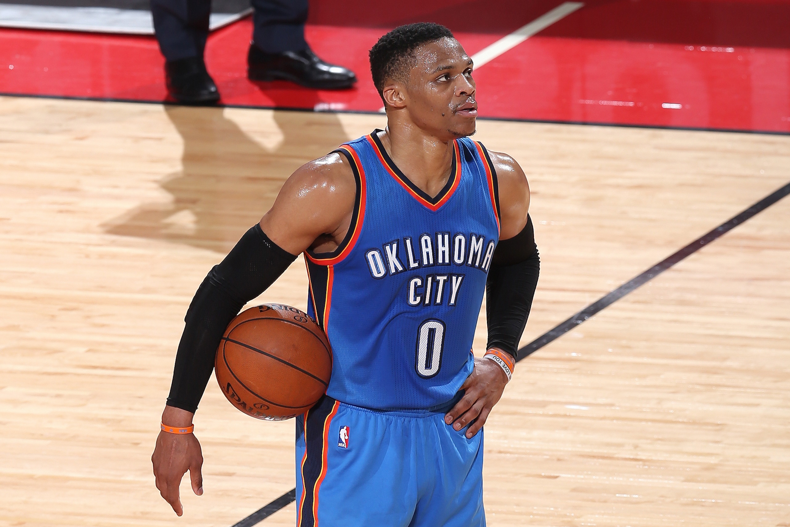 HOUSTON, TX - APRIL 25: Russell Westbrook #0 of the Oklahoma City Thunder looks on during the game against the Houston Rockets in Game Five of the Western Conference Quarterfinals during the 2017 NBA Playoffs on April 25, 2017 at the Toyota Center in Hous
