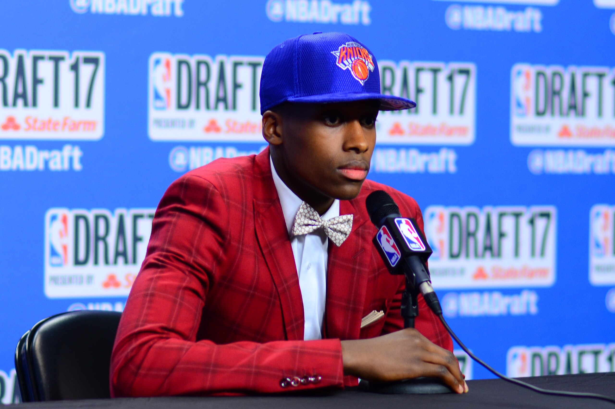 BROOKLYN, NY - JUNE 22: Frank Ntilikina of the New York Knicks talks to the media after being selected eighth overall at the 2017 NBA Draft on June 22, 2017 at Barclays Center in Brooklyn, New York. NOTE TO USER: User expressly acknowledges and agrees tha