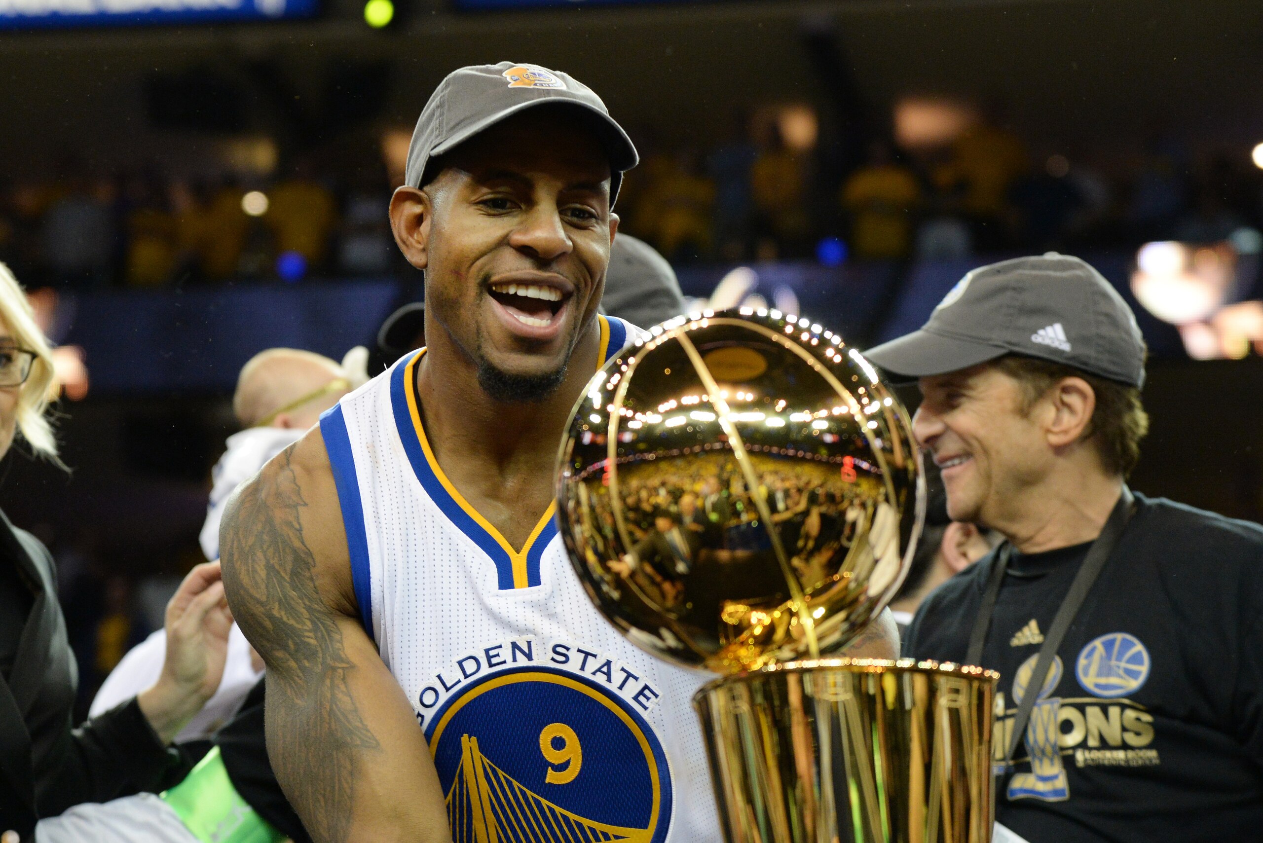 OAKLAND, CA - JUNE 12:  Andre Iguodala #9 of the Golden State Warriors celebrates after winning the 2017 NBA Finals on June 12, 2017 at ORACLE Arena in Oakland, California. NOTE TO USER: User expressly acknowledges and agrees that, by downloading and/or u