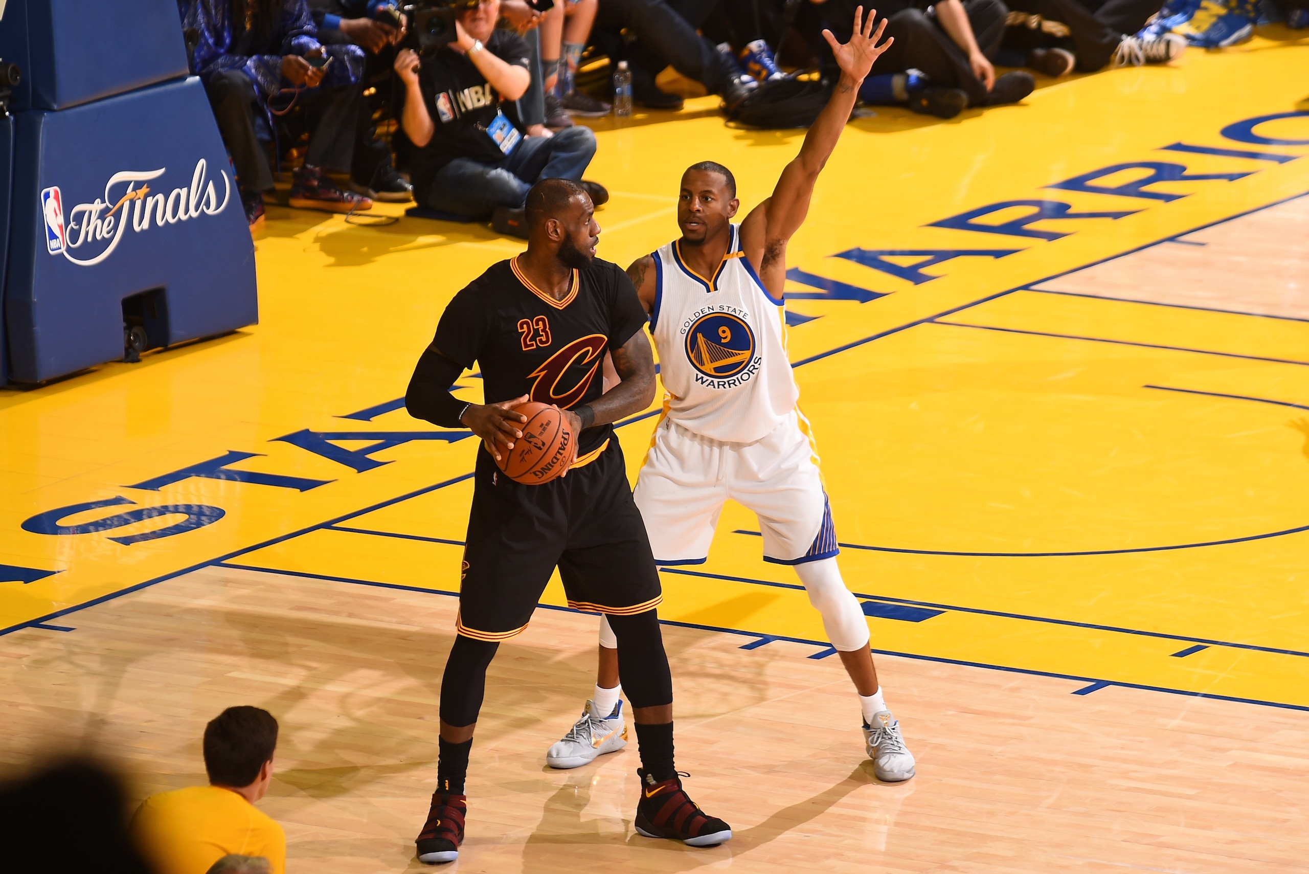 OAKLAND, CA - JUNE 12:  Andre Iguodala #9 of the Golden State Warriors guards LeBron James #23 of the Cleveland Cavaliers in Game Five of the 2017 NBA Finals on June 12, 2017 at Oracle Arena in Oakland, California. NOTE TO USER: User expressly acknowledge