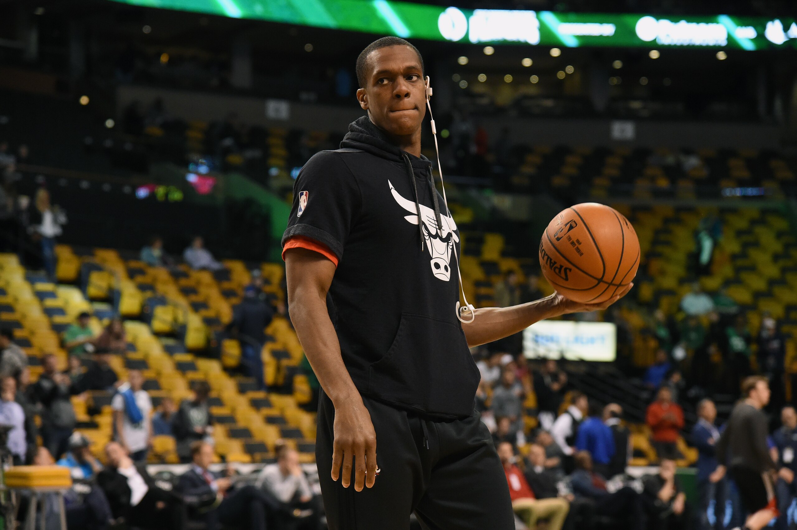 BOSTON, MA - APRIL 26: Rajon Rondo #9 of the Chicago Bulls warms up before the game against the Boston Celtics during Game Five of the Eastern Conference Quarterfinals of the 2017 NBA Playoffs on April 26, 2017 at TD Garden in Boston, MA. NOTE TO USER: Us