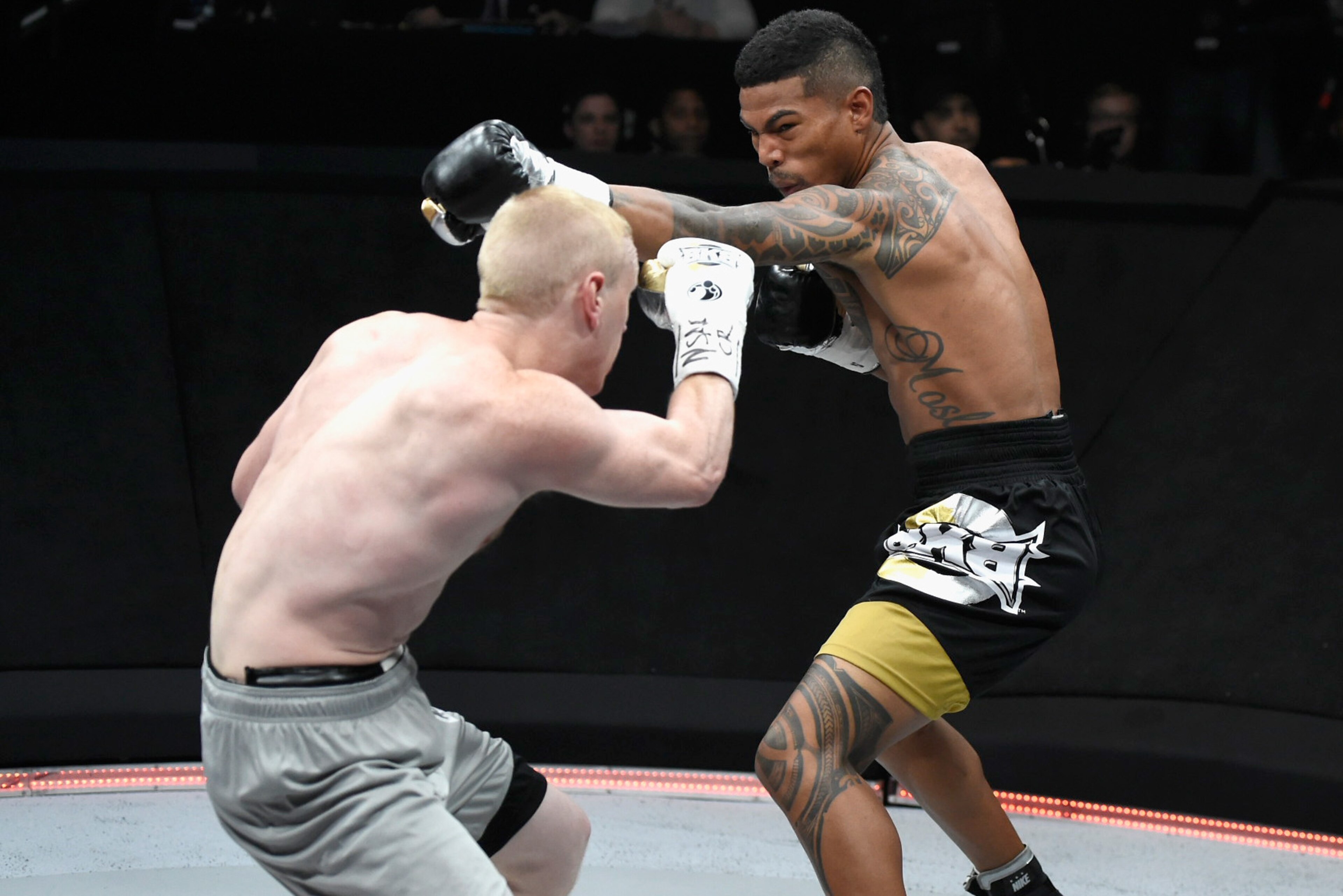 LAS VEGAS, NV - JUNE 27:  Boxer Jake Kelly (silver trunks) fights Shane Mosley Jr. (black trunks) during BKB 3, Big Knockout Boxing, at the Mandalay Bay Events Center on June 27, 2015 in Las Vegas, Nevada. The middleweight bout ended with Shane Mosley Jr.
