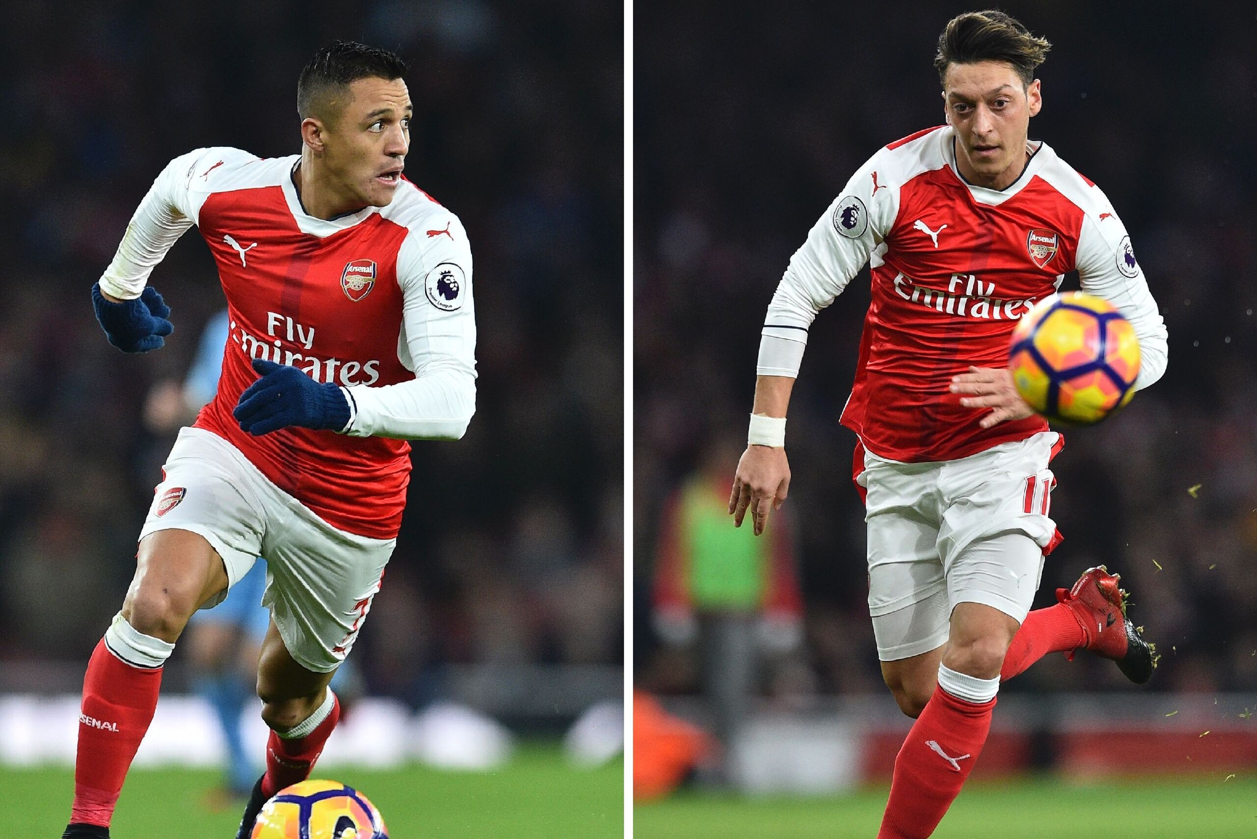 A combination of pictures created in London on January 29, 2017 shows Arsenal's Chilean striker Alexis Sanchez (L) running with the ball during the English Premier League football match between Arsenal and Stoke City at the Emirates Stadium in London on D