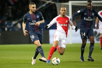 PARIS, FRANCE - JANUARY 29: Layvin Kurzawa of PSG, Fabio Henrique Tavares aka Fabinho of Monaco, Blaise Matuidi of PSG in action during the French Ligue 1 match between Paris Saint Germain and AS Monaco at Parc des Princes stadium on January 29, 2017 in P