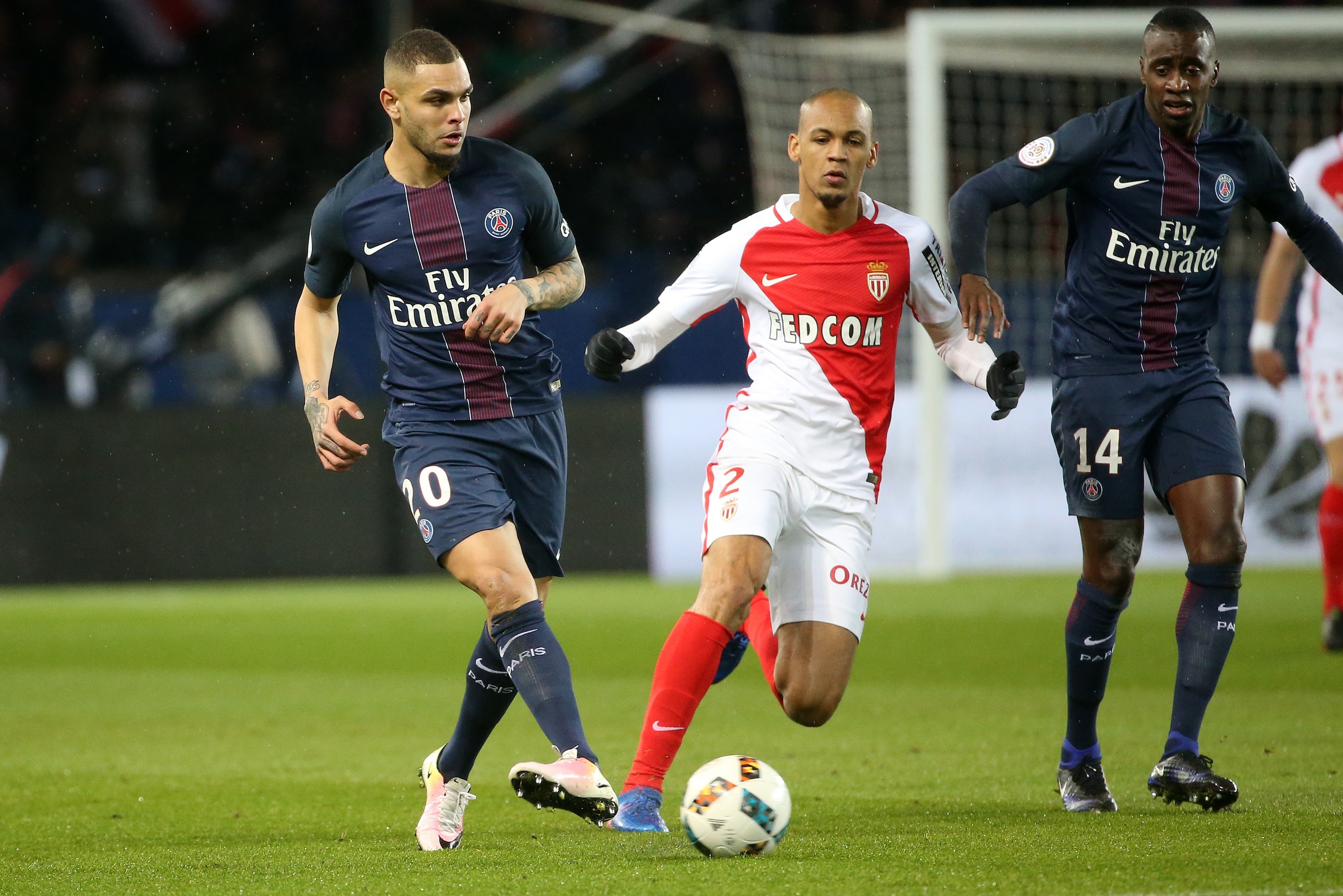 PARIS, FRANCE - JANUARY 29: Layvin Kurzawa of PSG, Fabio Henrique Tavares aka Fabinho of Monaco, Blaise Matuidi of PSG in action during the French Ligue 1 match between Paris Saint Germain and AS Monaco at Parc des Princes stadium on January 29, 2017 in P PARIS, FRANCE - JANUARY 29: Layvin Kurzawa of PSG, Fabio Henrique Tavares aka Fabinho of Monaco, Blaise Matuidi of PSG in action during the French Ligue 1 match between Paris Saint Germain and AS Monaco at Parc des Princes stadium on January 29, 2017 in P