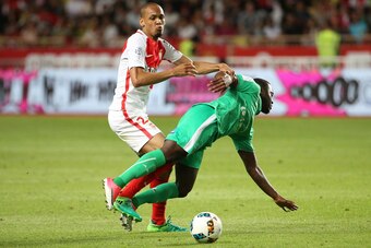 MONACO, MONACO - MAY 17: Fabio Henrique Tavares aka Fabinho of Monaco and Henri Saivet of Saint-Etienne in action during the French Ligue 1 match between AS Monaco and AS Saint-Etienne (ASSE) at Stade Louis II on May 17, 2017 in Monaco, Monaco. (Photo by 