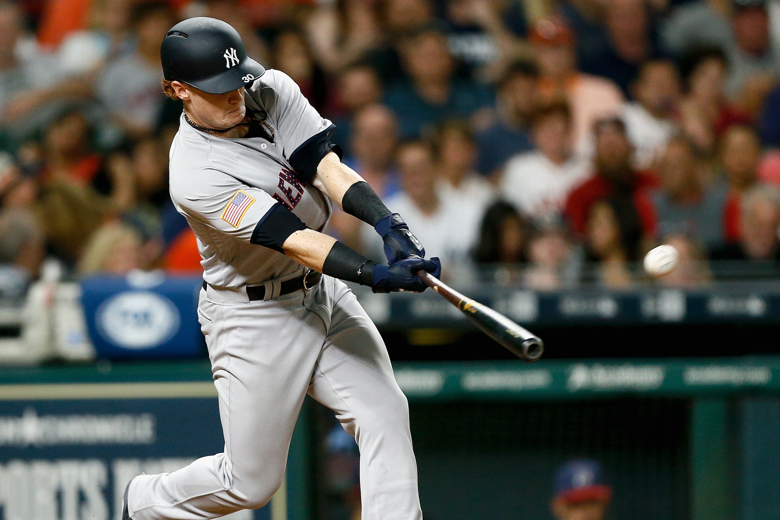 HOUSTON, TX - JULY 01: Clint Frazier #30 of the New York Yankees hits a home run in the seventh inning against the Houston Astros at Minute Maid Park on July 1, 2017 in Houston, Texas. That was his first home run in the major leagues. (Photo by Bob Levey/