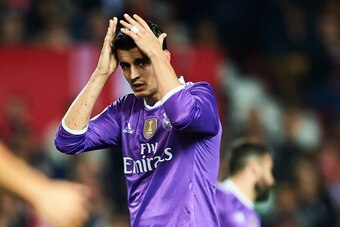 SEVILLE, SPAIN - JANUARY 12:  Alvaro Morata of Real Madrid CF reacts after missing a chance og al during the Copa del Rey Round of 16 Second Leg match between Sevilla FC vs Real Madrid CF at Ramon Sanchez Pizjuan stadium on January 12, 2017 in Seville, Sp