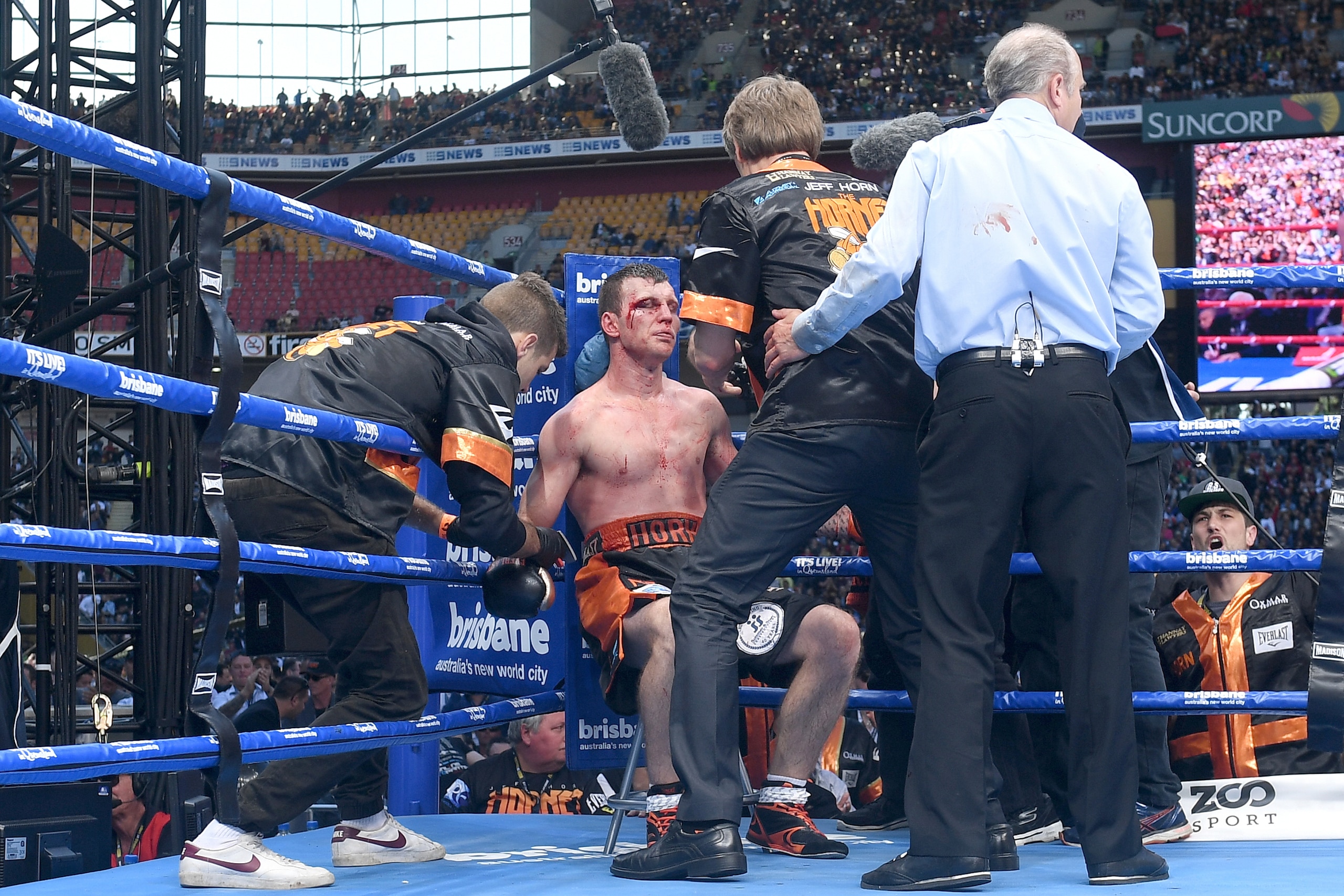 BRISBANE, QLD - JULY 02:  Jeff Horn of Australia is seen bloodied and bruised during the WBO Welterweight Title Fight between Jeff Horn of Australia and Manny Pacquiao of the Philippines at Suncorp Stadium on July 2, 2017 in Brisbane, Australia.  (Photo b