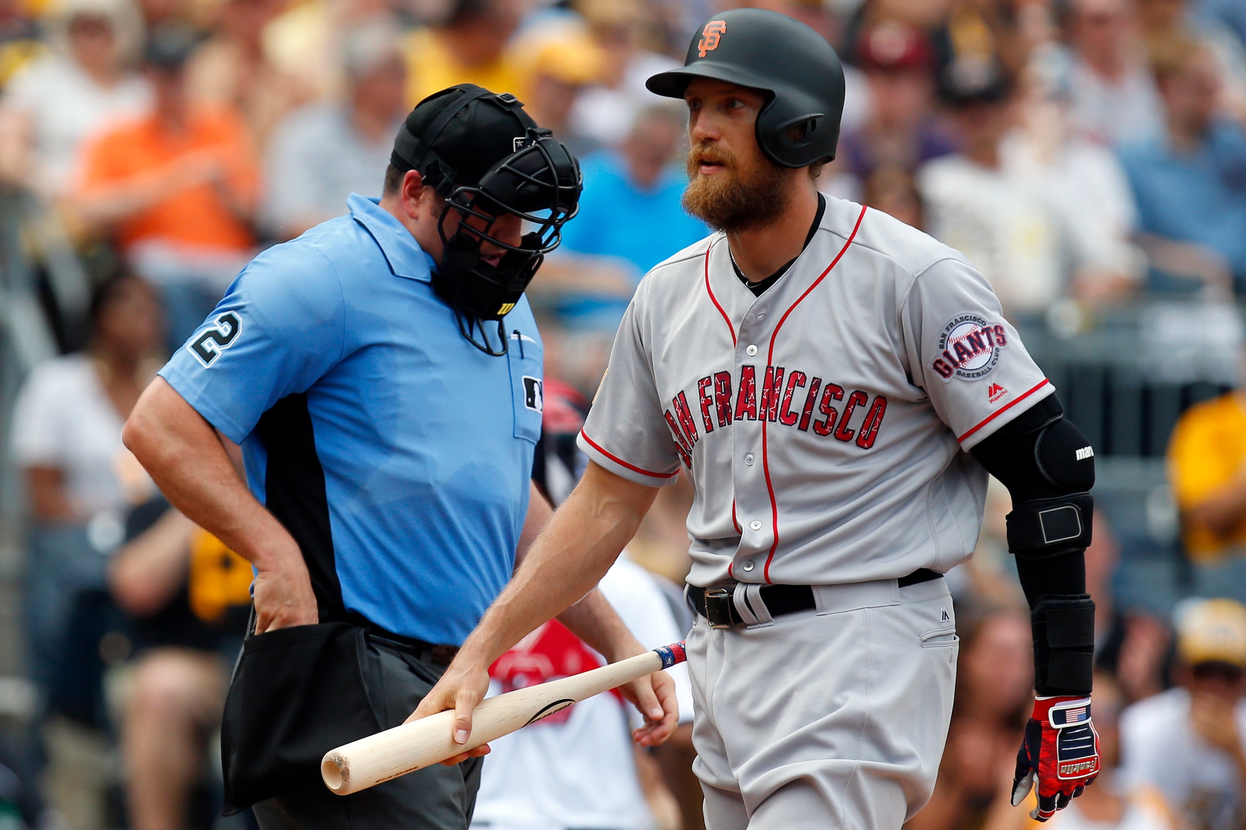 PITTSBURGH, PA - JULY 01:  Hunter Pence #8 of the San Francisco Giants strikes out looking in the sixth inning against the Pittsburgh Pirates at PNC Park on July 1, 2017 in Pittsburgh, Pennsylvania.  (Photo by Justin K. Aller/Getty Images)