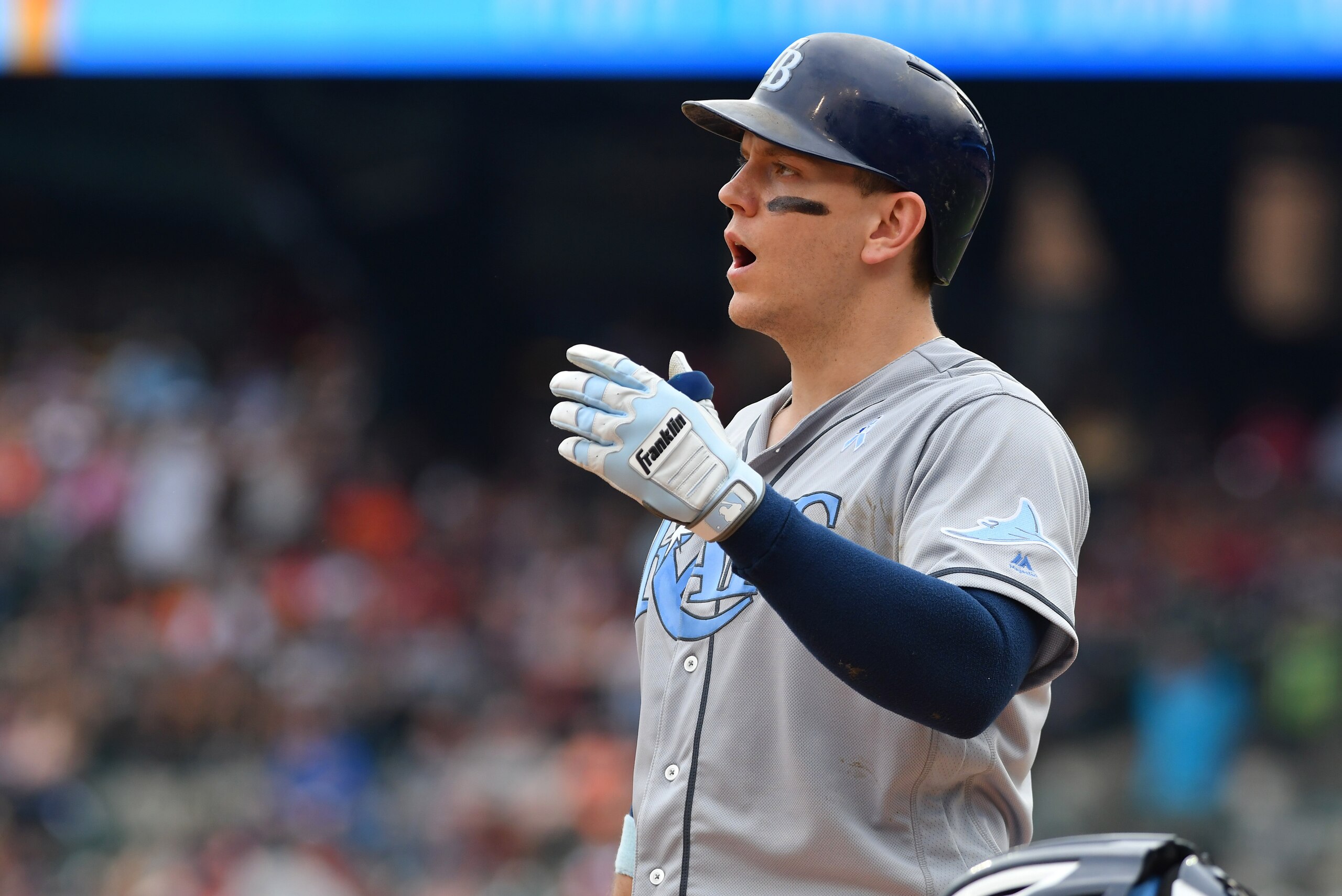 DETROIT, MI - JUNE 17:  Logan Morrison #7 of the Tampa Bay Rays looks on while batting during the game against the Detroit Tigers while wearing a special blue jersey for prostate cancer awareness on Father's Day Weekend at Comerica Park on June 17, 2017 i