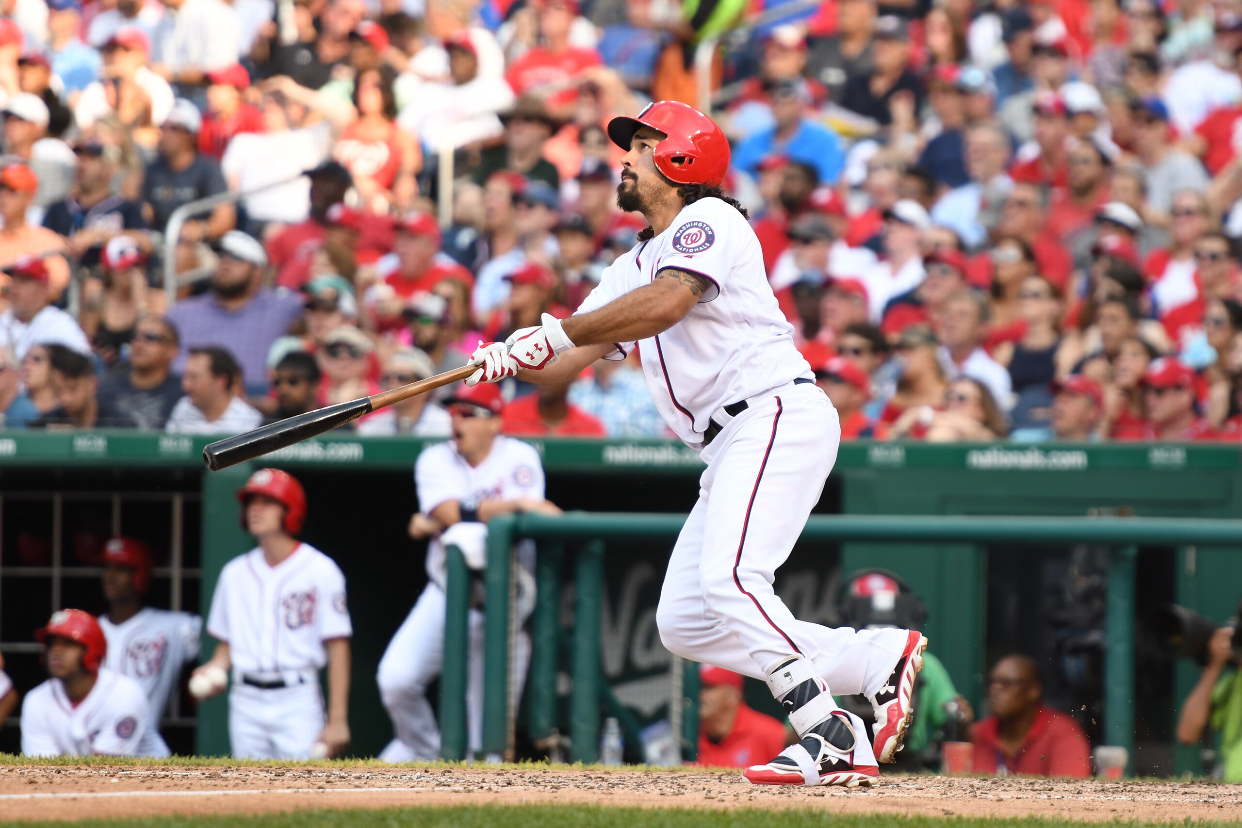 WASHINGTON, DC - JUNE 29:  Anthony Rendon #6 of the Washington Nationals hits  a two run home run in the seventh inning during a baseball game against the Chicago Cubs at Nationals Park on June 29, 2017 in Washington, DC.  (Photo by Mitchell Layton/Getty 