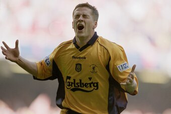 12 May 2001:  Michael Owen of Liverpool celebrates a goal in the AXA Sponsored FA Cup Final against Arsenal at the Millennium Stadium in Cardiff, Wales. Liverpool won 2-1. \ Mandatory Credit: Stu Forster /Allsport