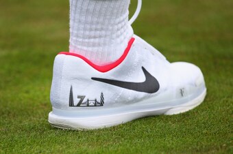LONDON, ENGLAND - JUNE 30:  London skyline on the shoe of Roger Federer of Switzerland during practice ahead of Wimbledon Lawn Tennis Championships at the All England Lawn Tennis and Croquet Club on June 30, 2017 in London, England.  (Photo by Clive Bruns