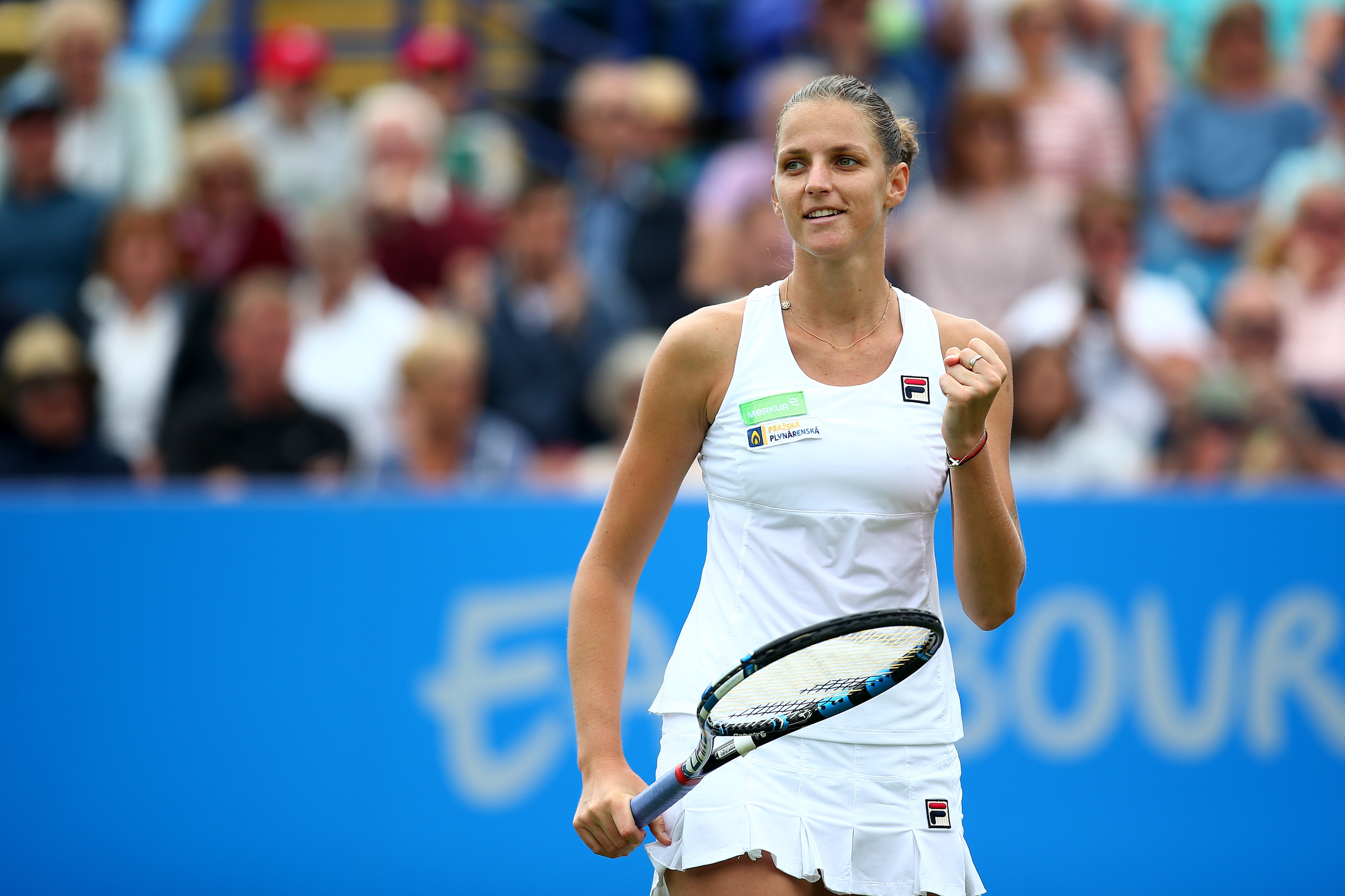 EASTBOURNE, ENGLAND - JULY 01: Karolina Pliskova of Czech Republic celebrates winning the women's singles final against Caroline Wozniacki of Denmark during day seven of the Aegon International Eastbourne on July 1, 2017 in Eastbourne, England. (Photo by 